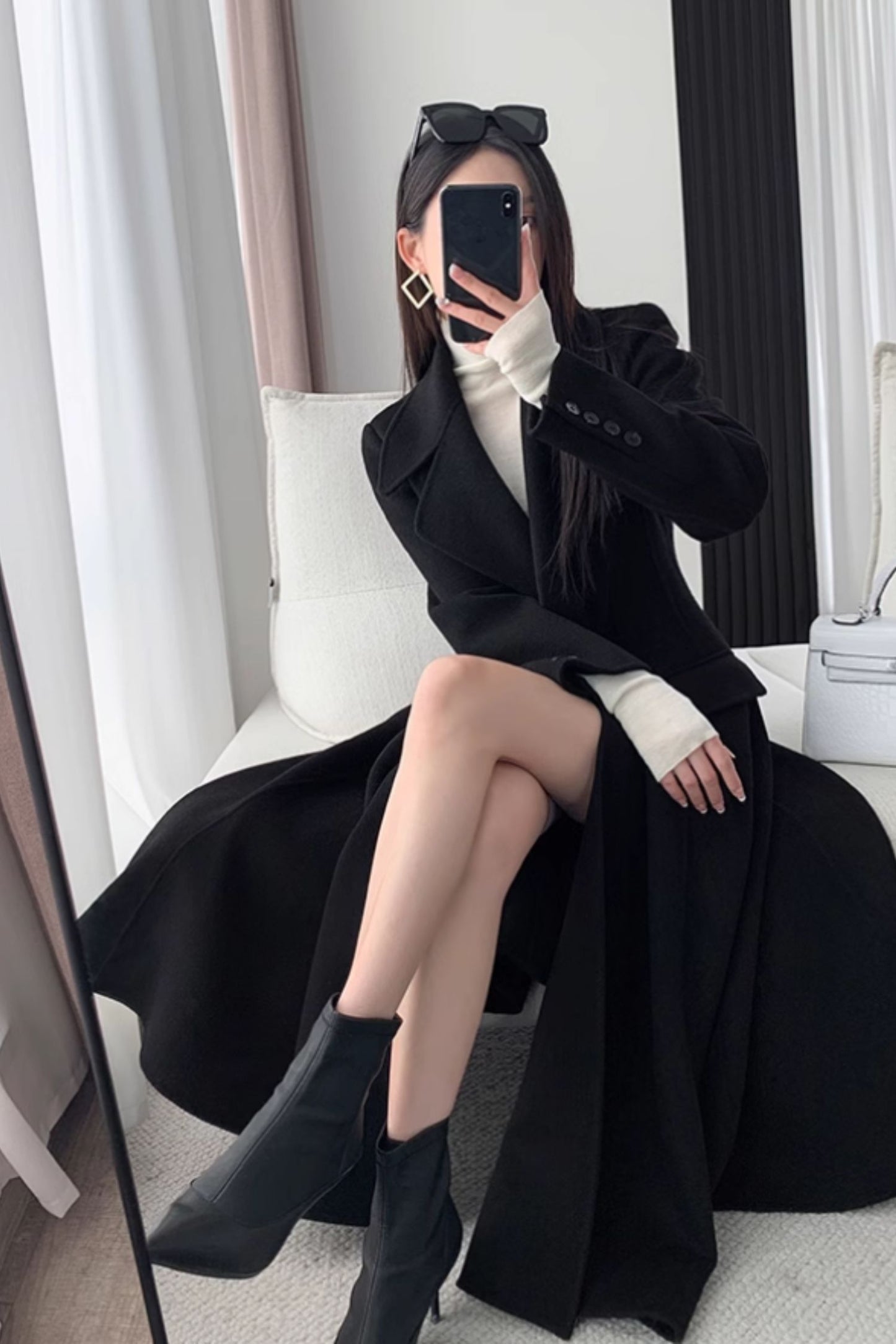 Long black winter wool coat women C4473