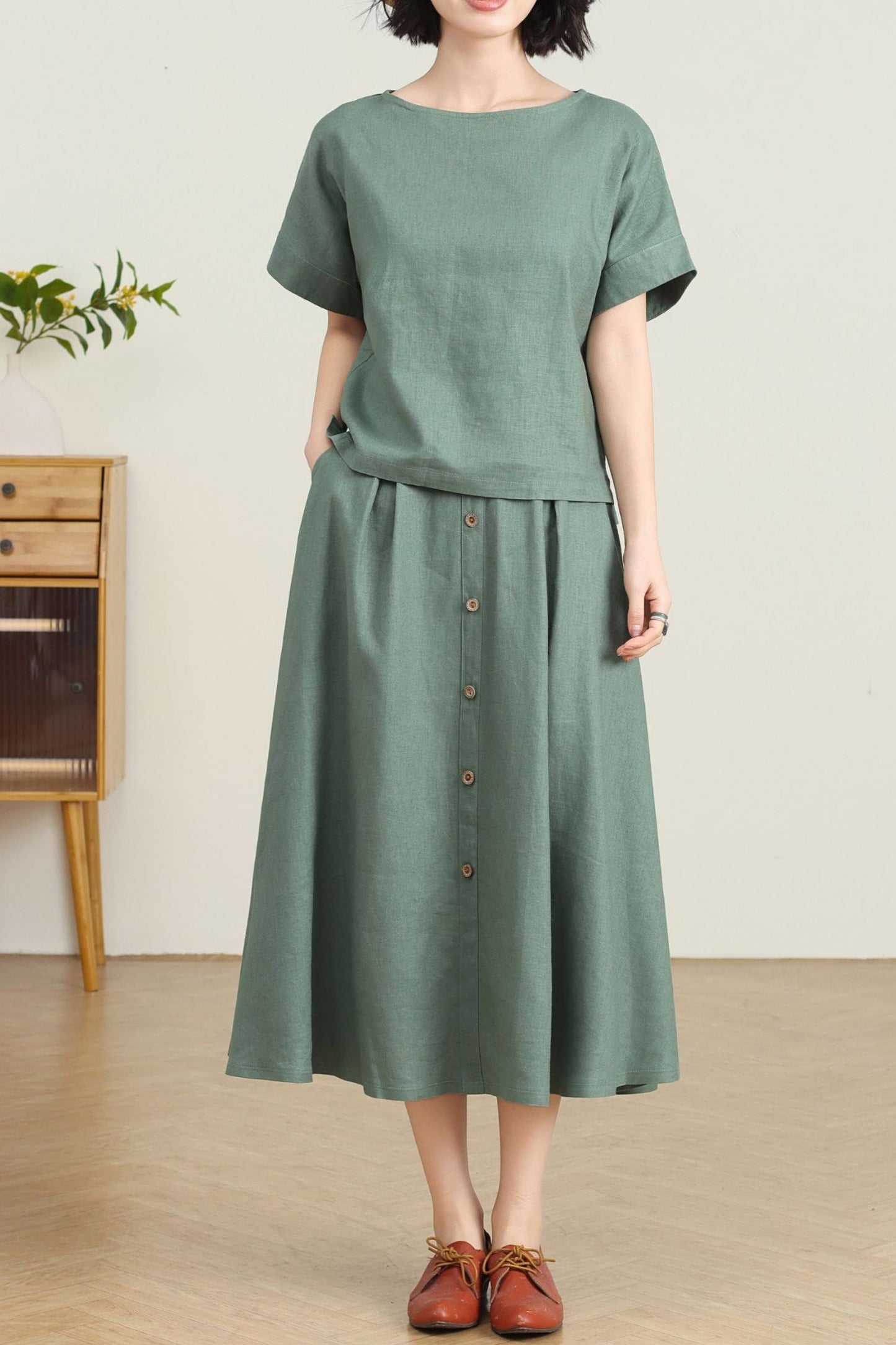 High Waisted Linen Skirt with Pockets C4728
