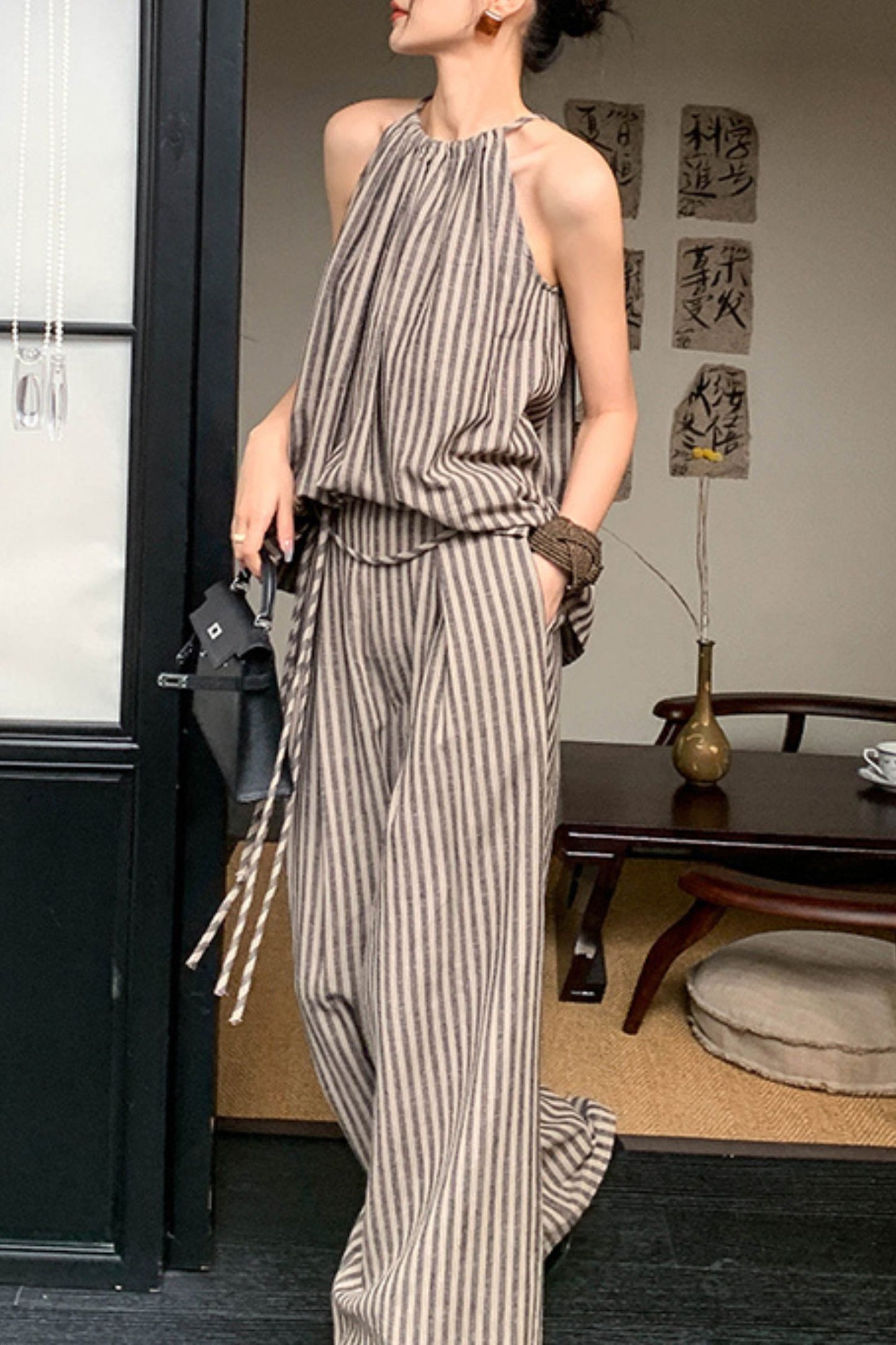 Curry Stripe High Waist Wide Leg Pants L0617