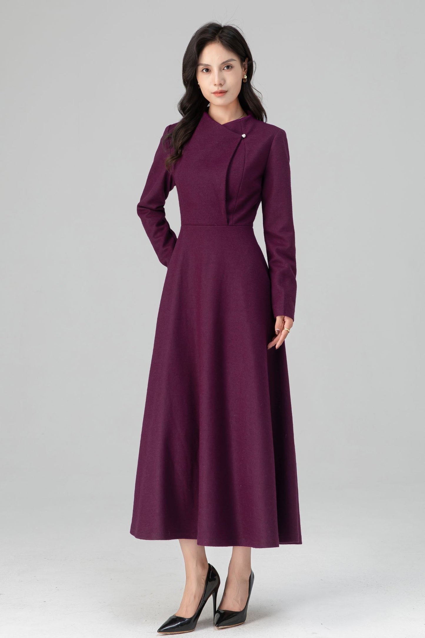 Winter Deep Purple Long Swing Wool Dress Women C5207