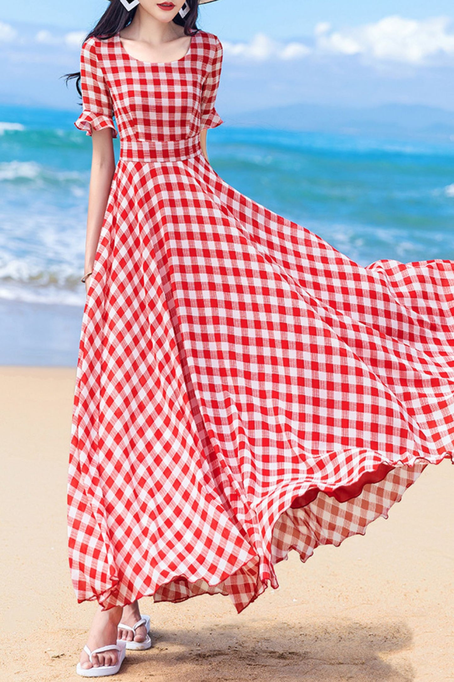 Chiffon Women Red Plaid Short Sleeve dress C4050