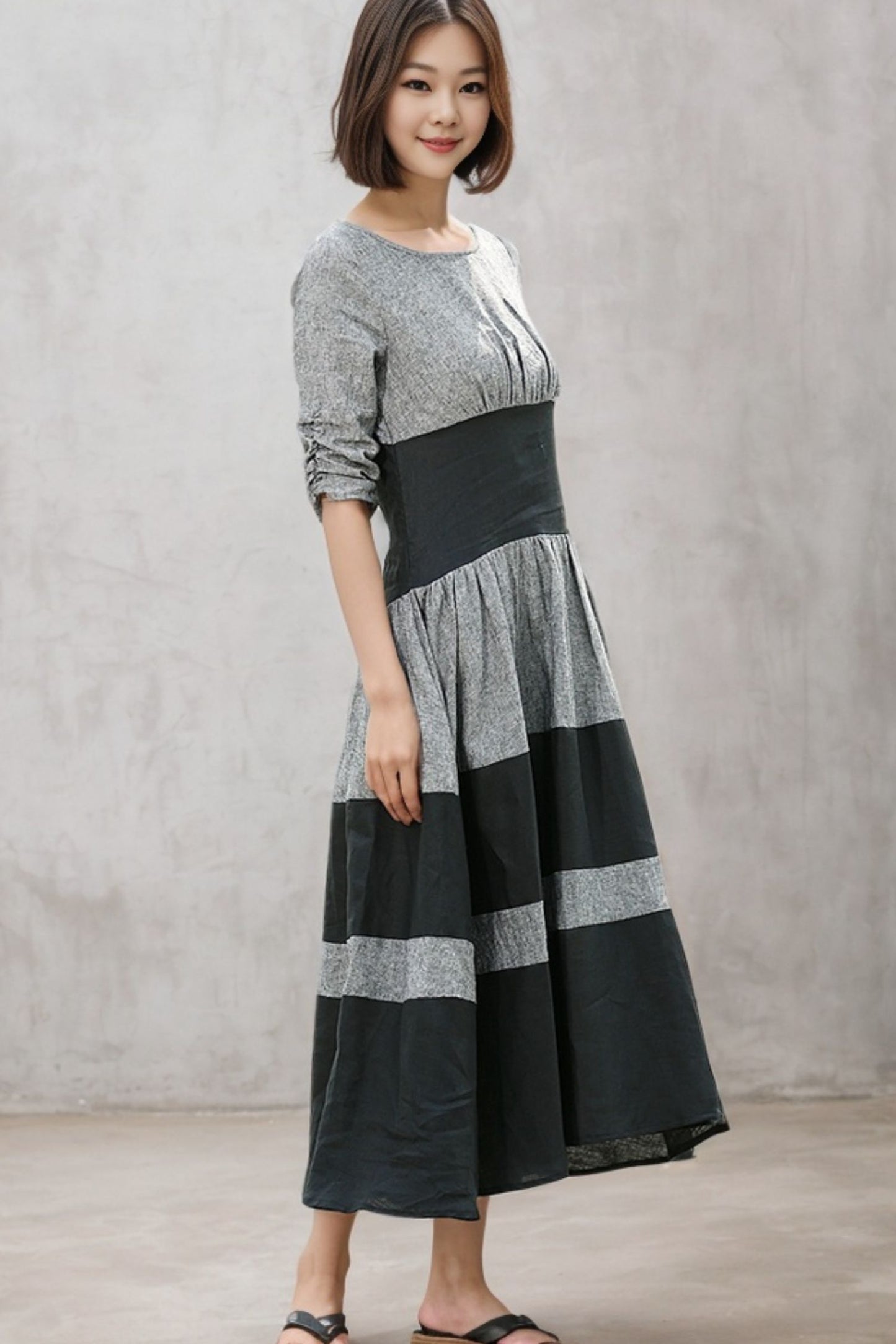 Black grey stripey Loose Fit Linen Dress c4683