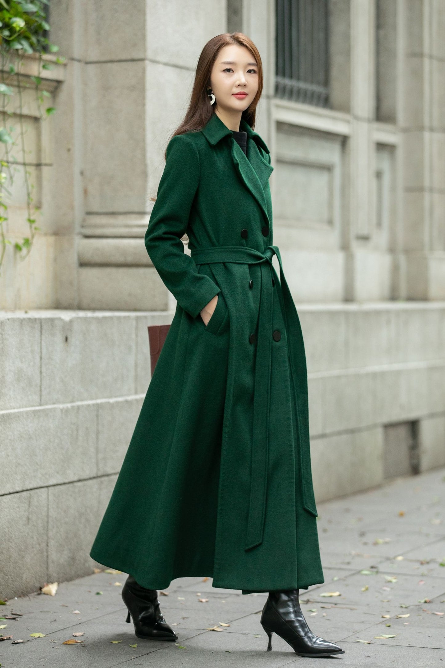 Maxi green long trench wool coat C4505