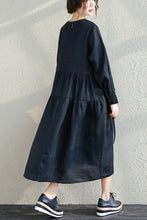 Load image into Gallery viewer, blue linen midi pleated spring casual dress with pockets C2782
