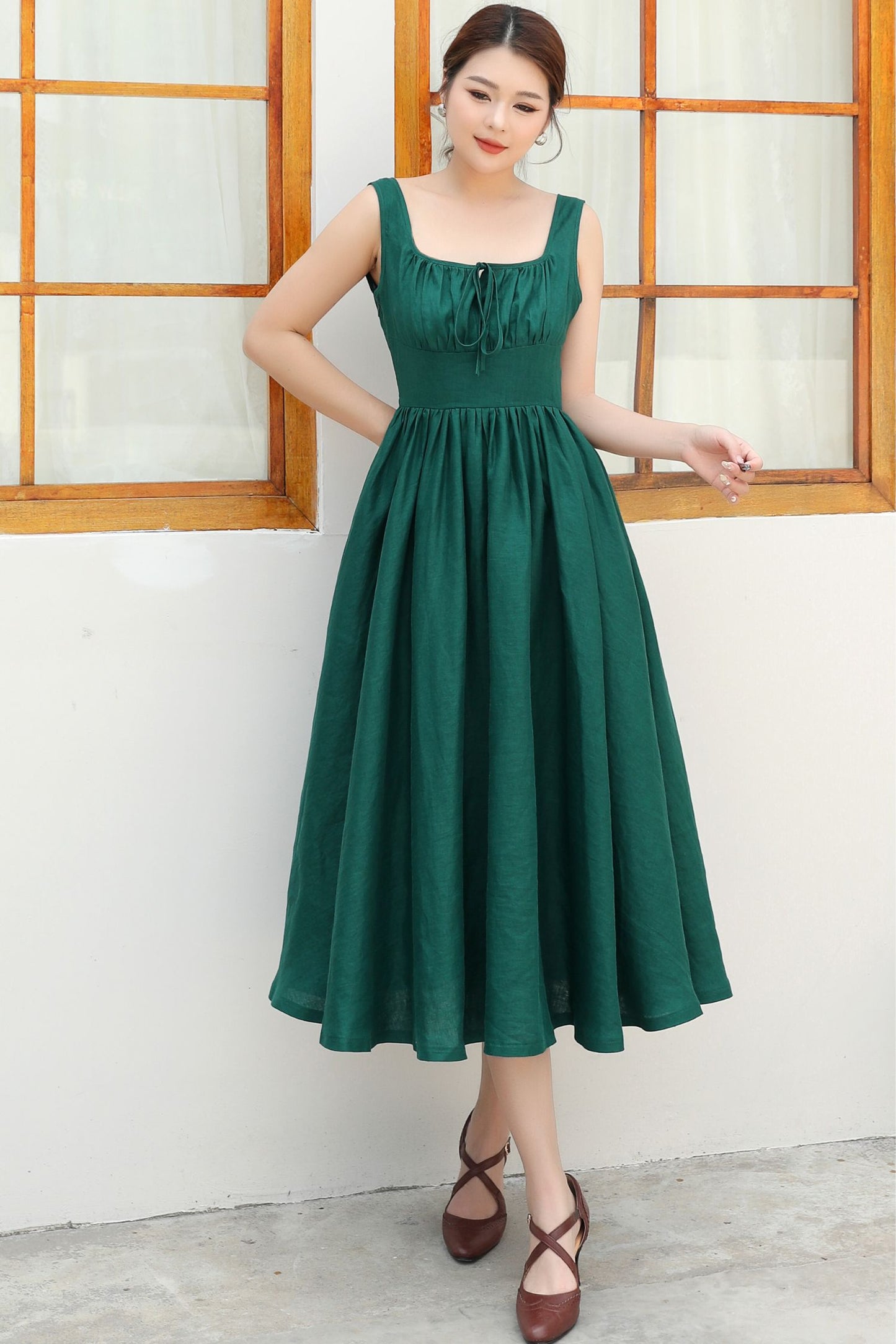 Flattering High-Waisted Green Linen Pinafore Dress c4838