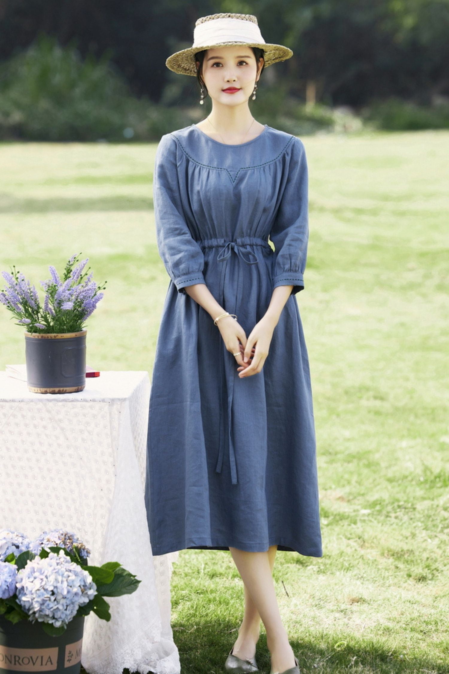 Haze Blue Round Neck Linen Dress C3890 YLISTYLE Haze Blue Round Neck Linen Dress C3890 YLISTYLE
