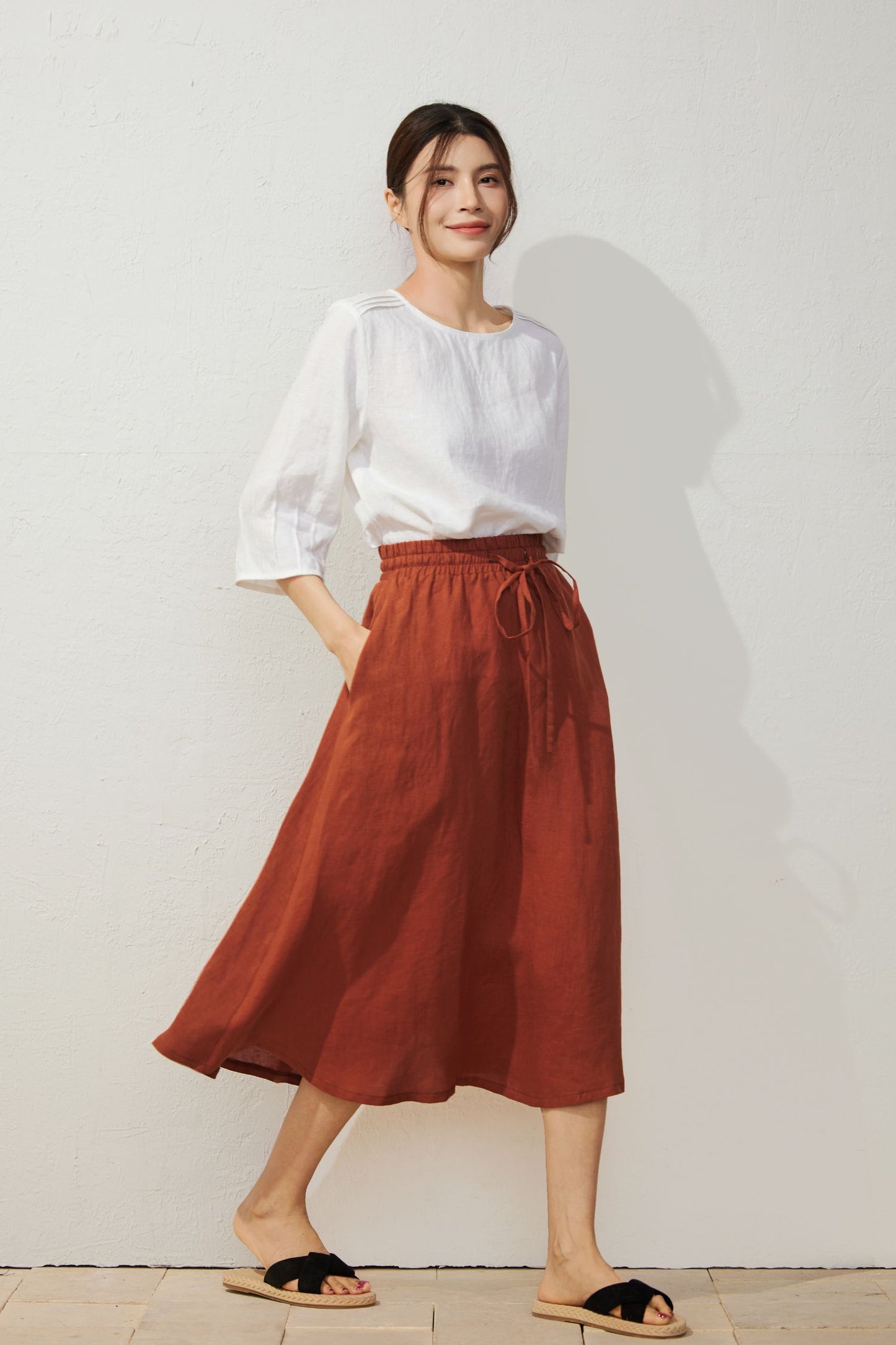 Elegant Orange Elastic Waist Skirt C3932