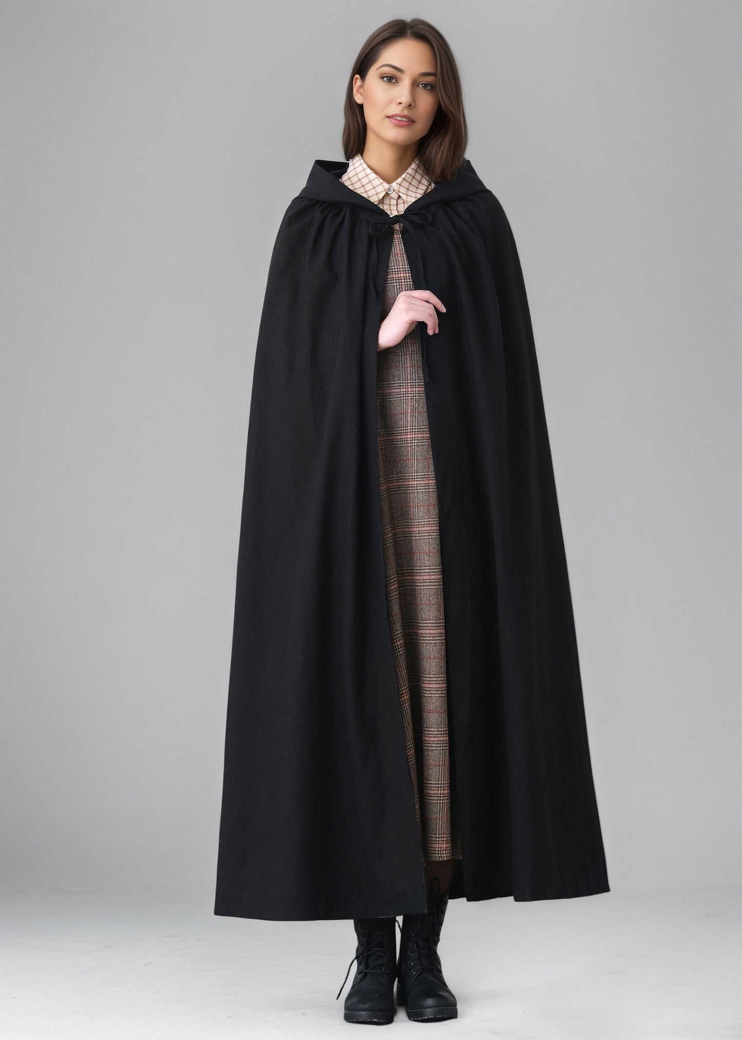 Black Medieval Hooded Linen Cape Cloak C5149