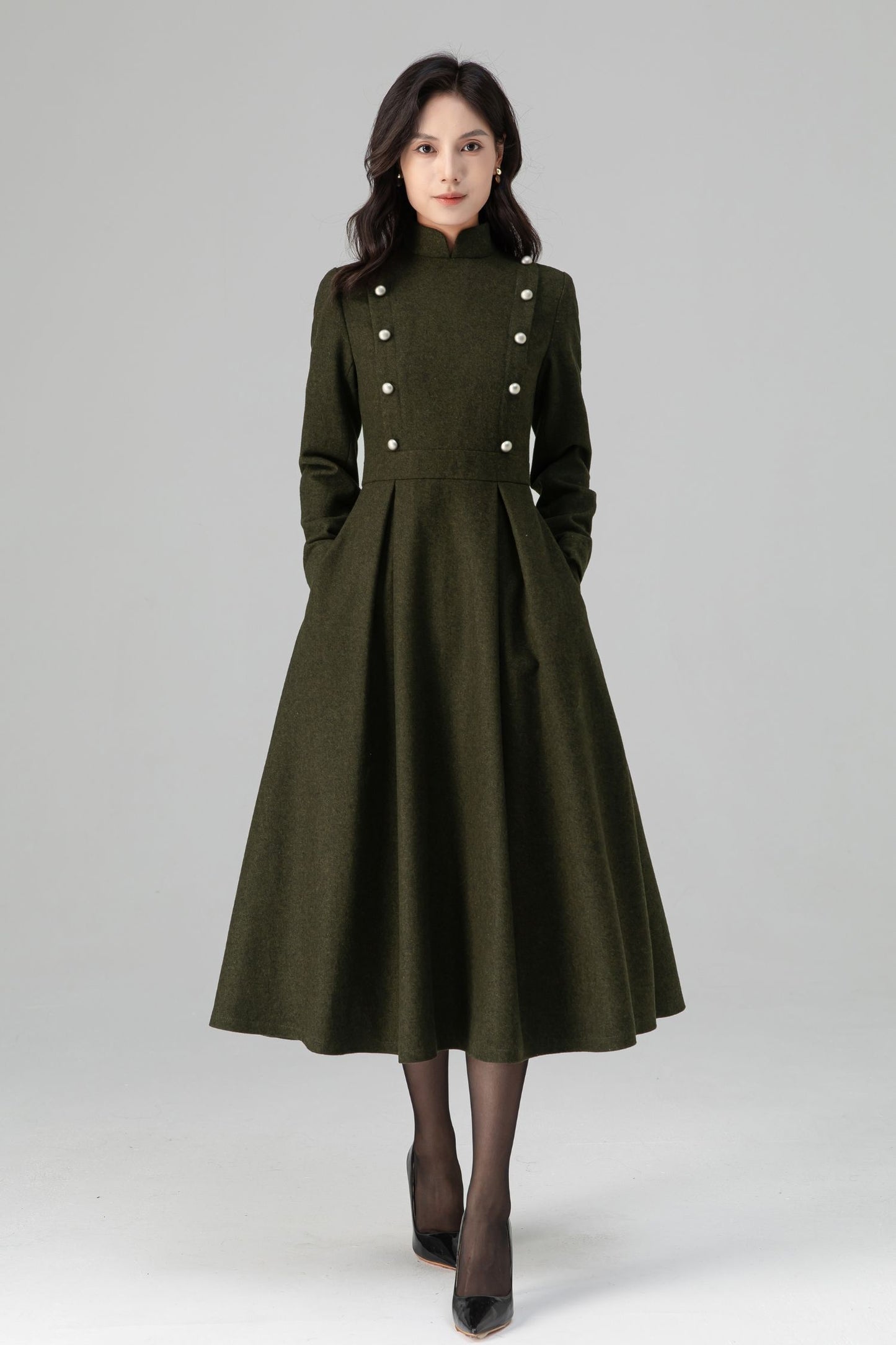 Military-Inspired Long Sleeve Wool Dress C5195