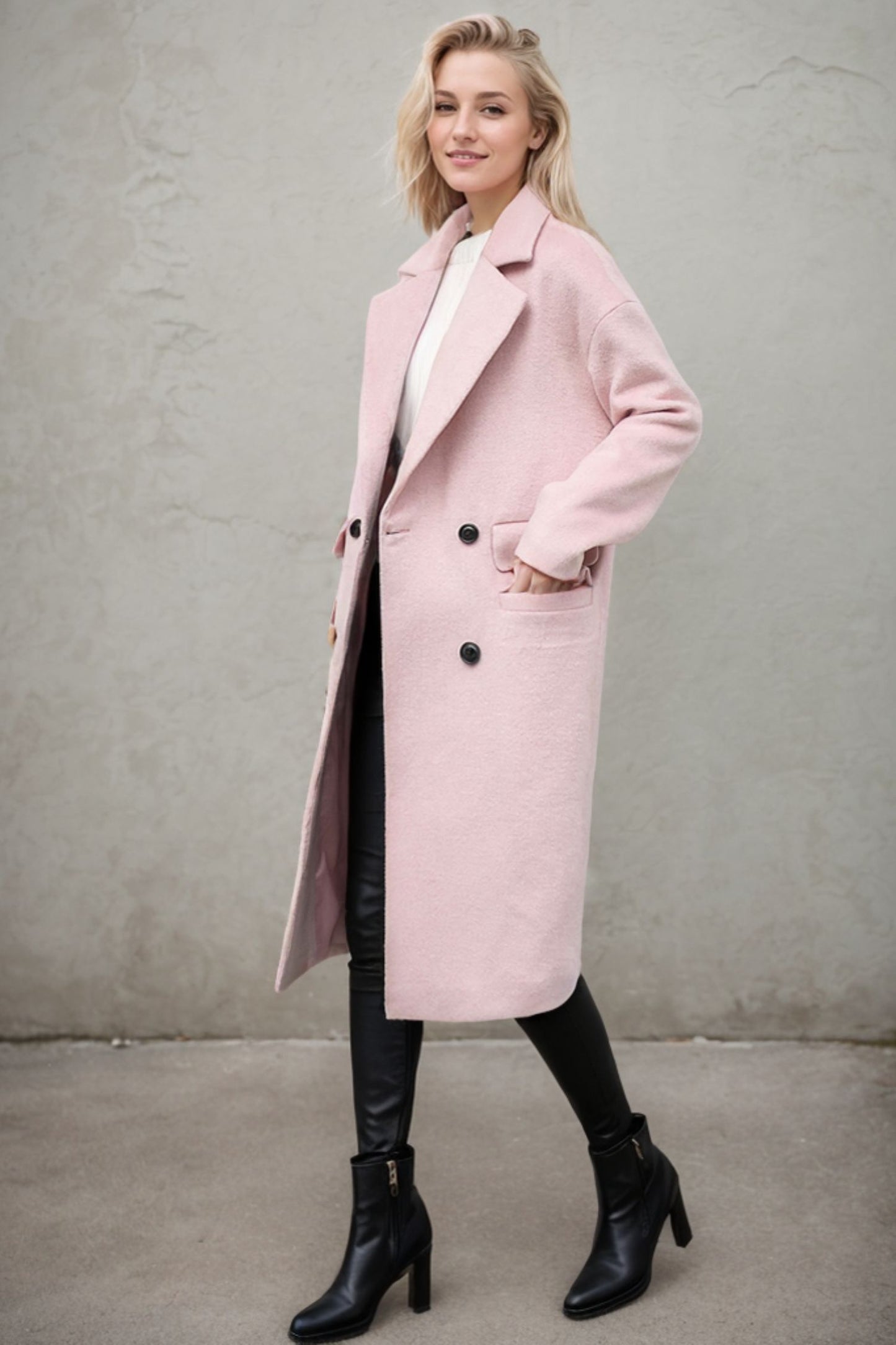 Long pink winter wool coat C4371