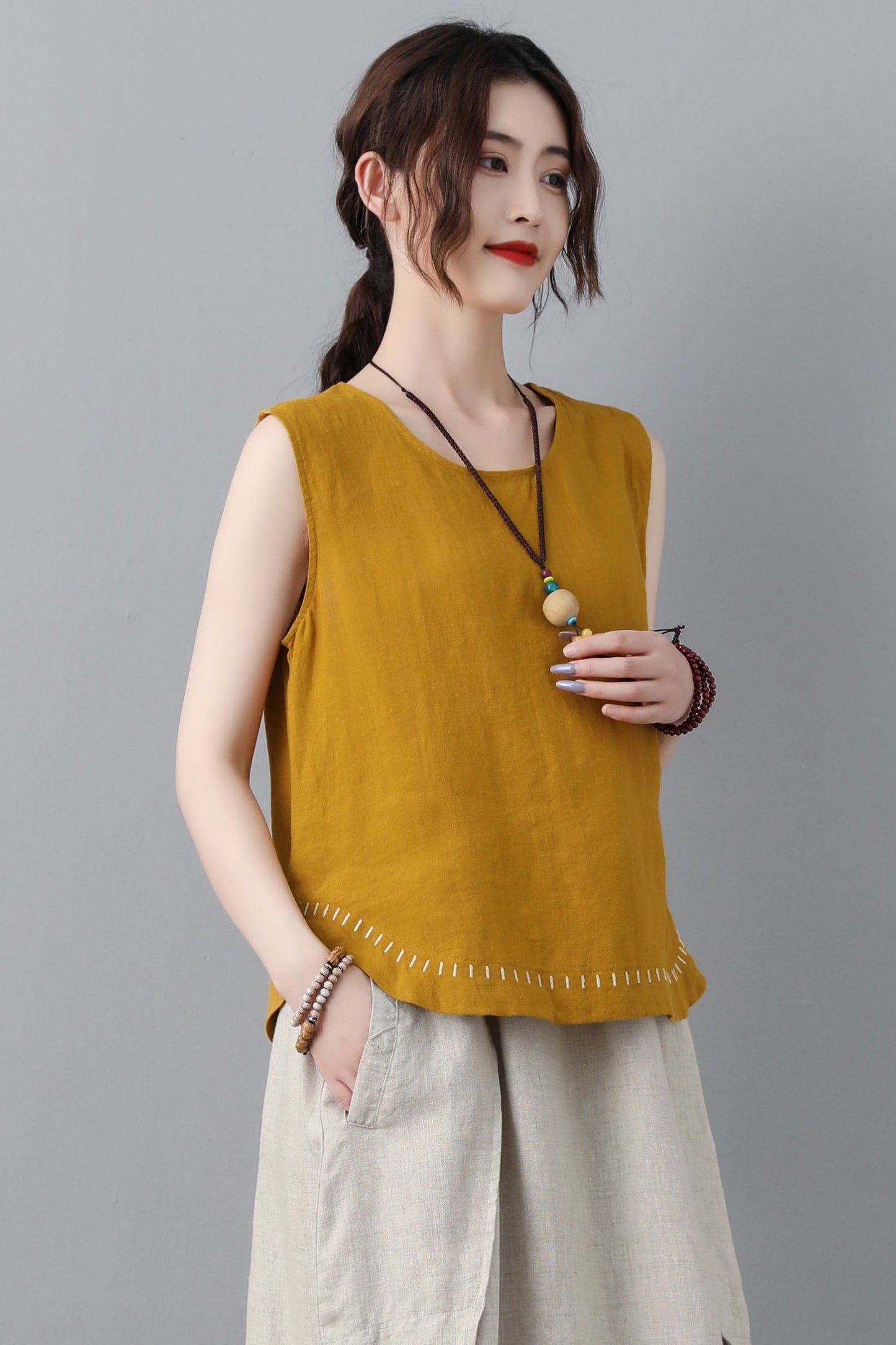 Yellow summer linen tank top women C2349