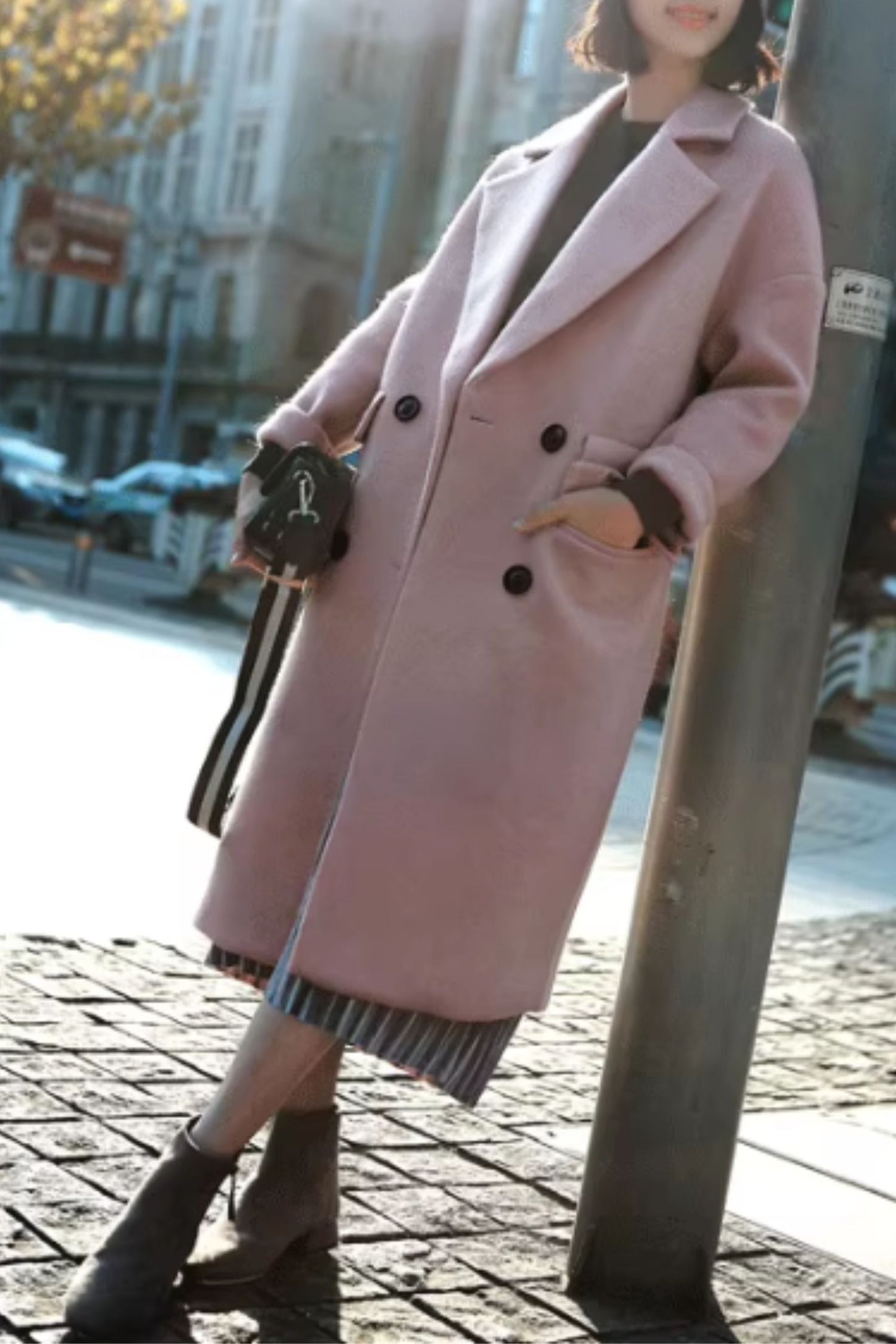 Pink warm long trench wool coat C5162