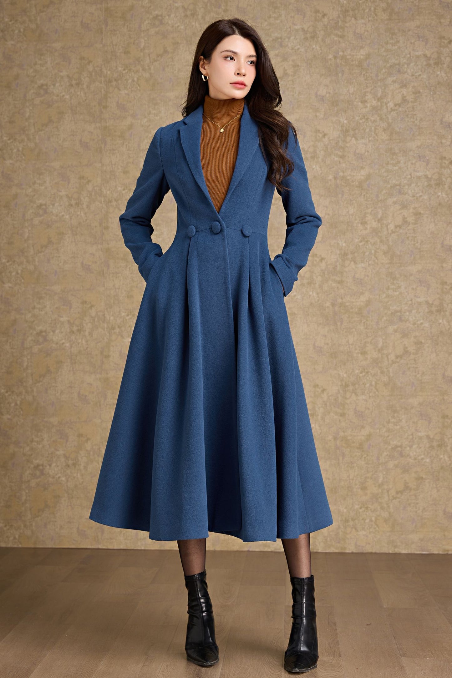 Long Blue Wool Princess Coat C4478