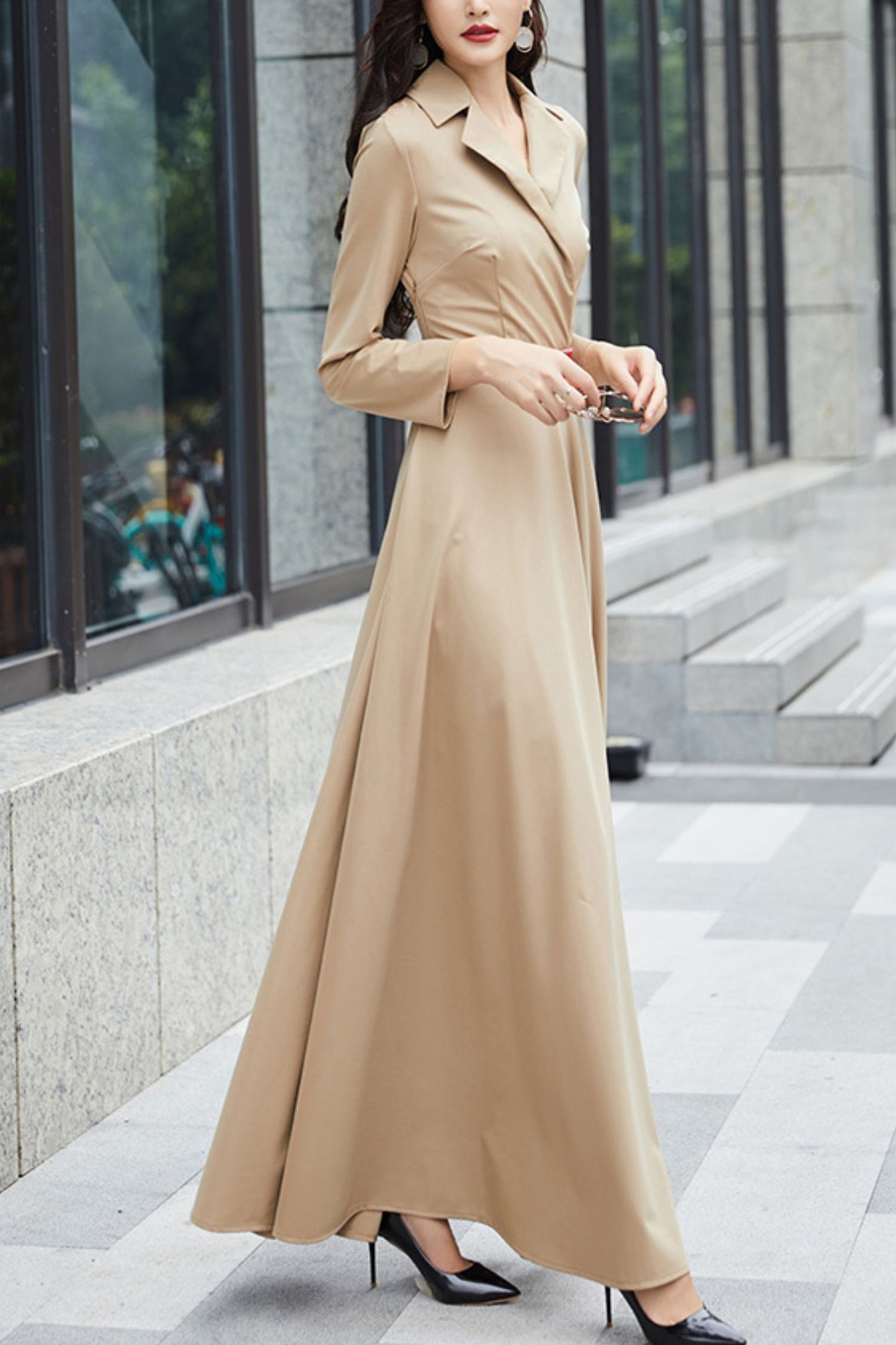 Khaki long-sleeved suit collar long dress C4179