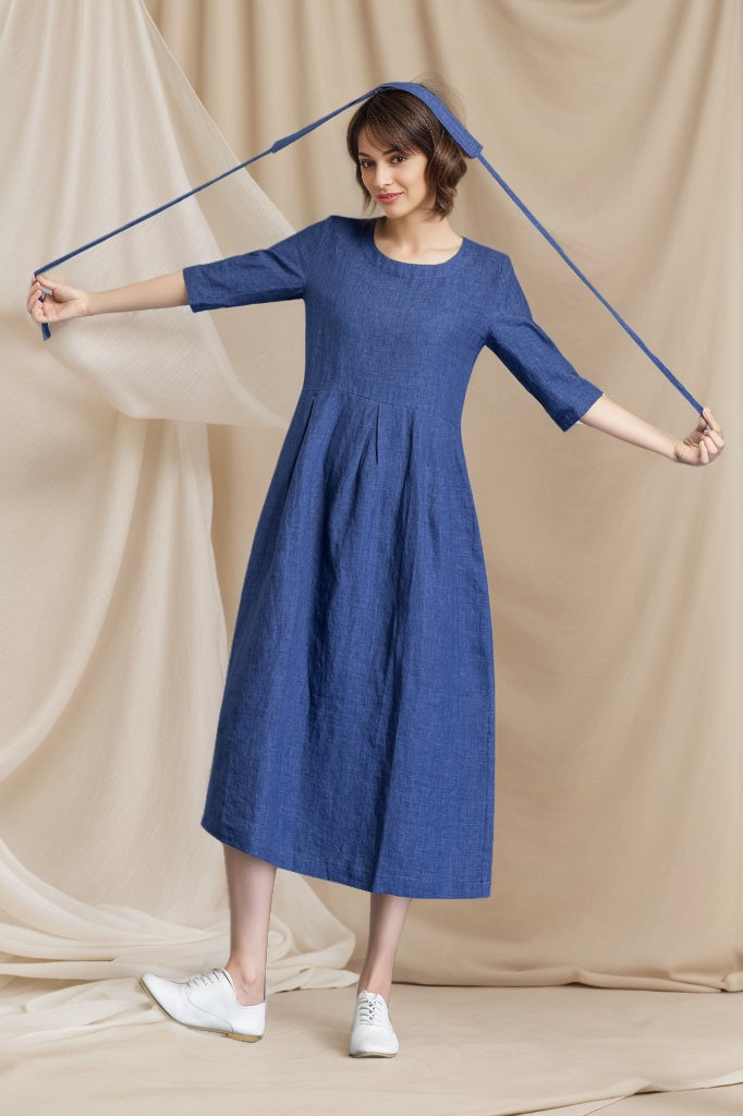 Handmade fashion blue casual linen dress C4801