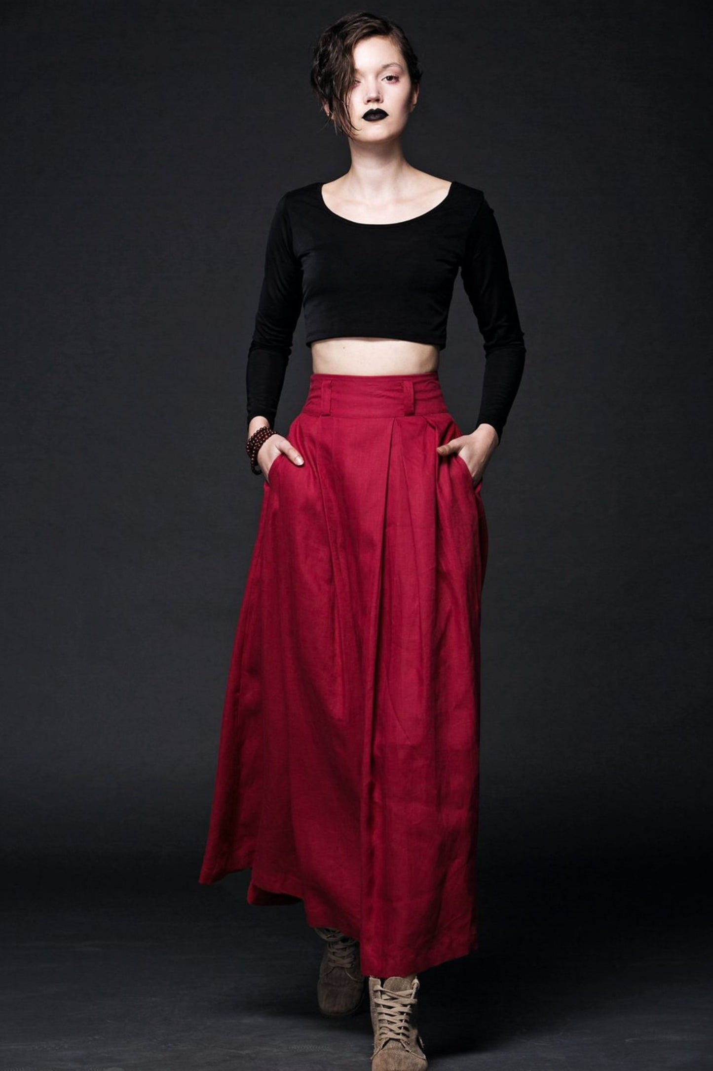 Red Linen Long Maxi Womens Skirt C493