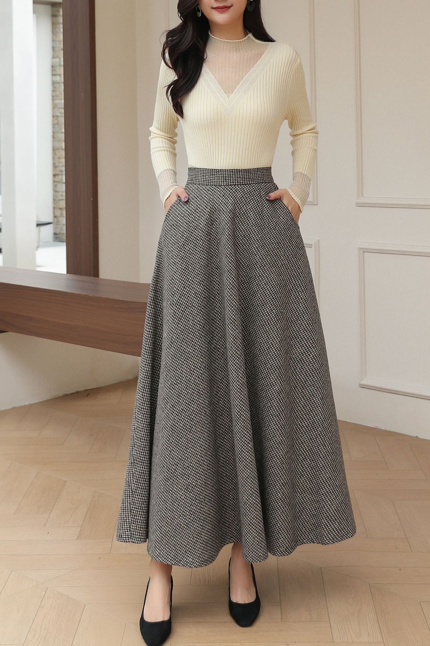 Vintage Classic Long Maxi Plaid Wool Skirt C5190