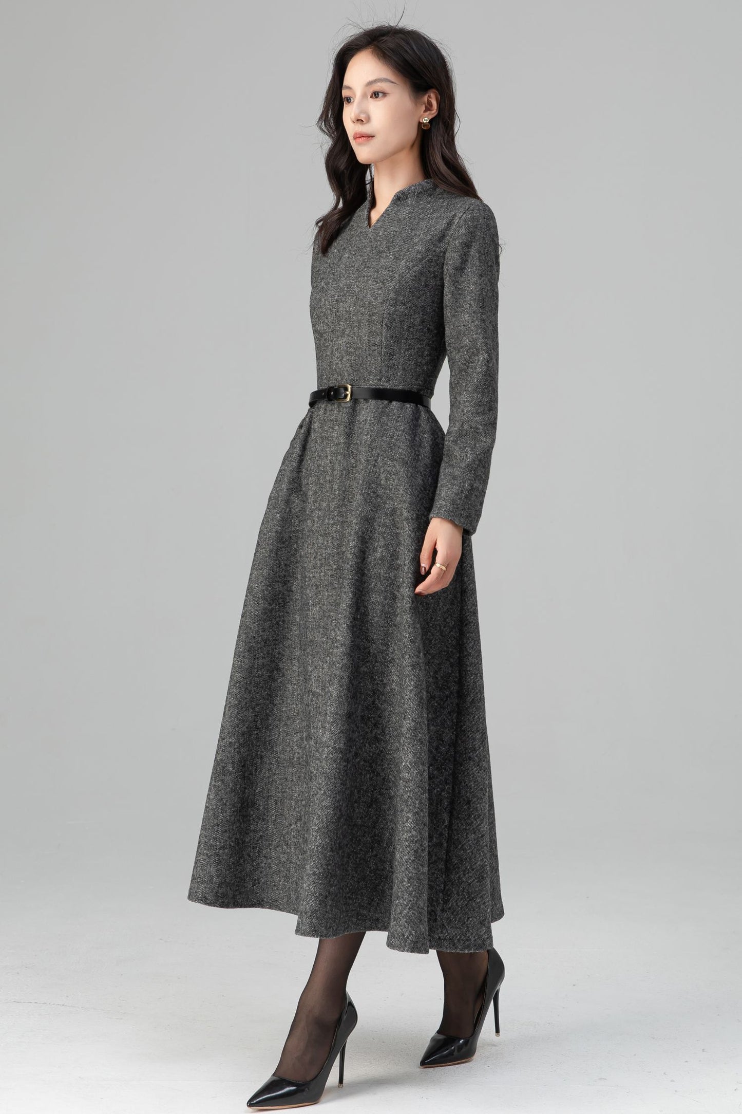 Warm Grey Long Sleeves Wool Maxi Dress C5204