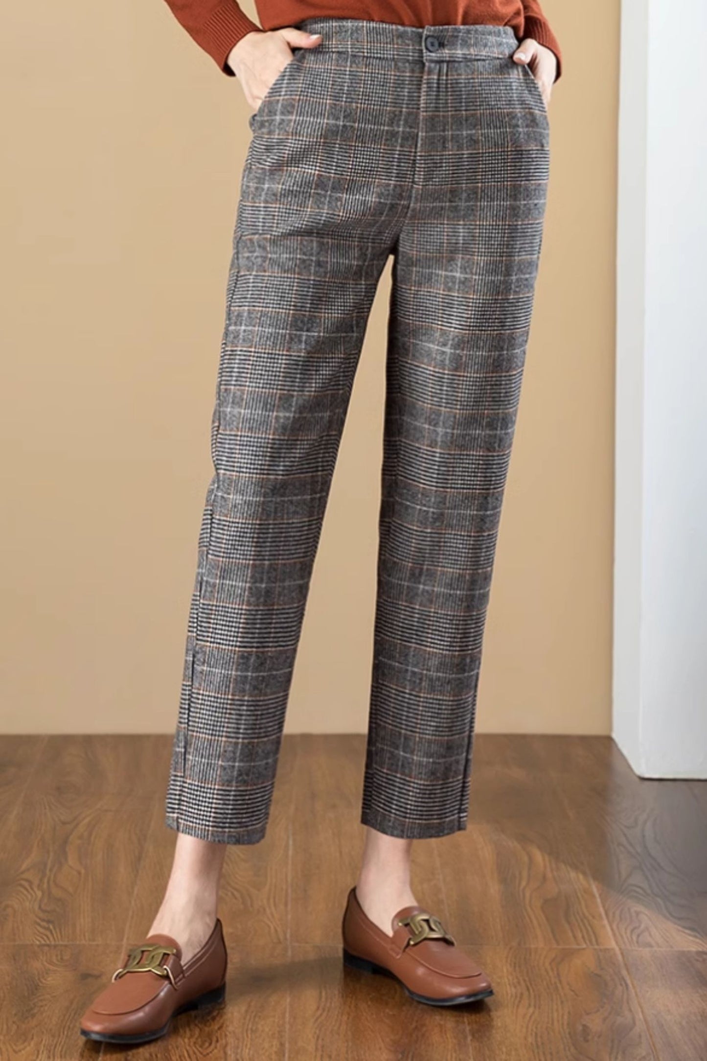 Plaid winter wool pants for women C4651
