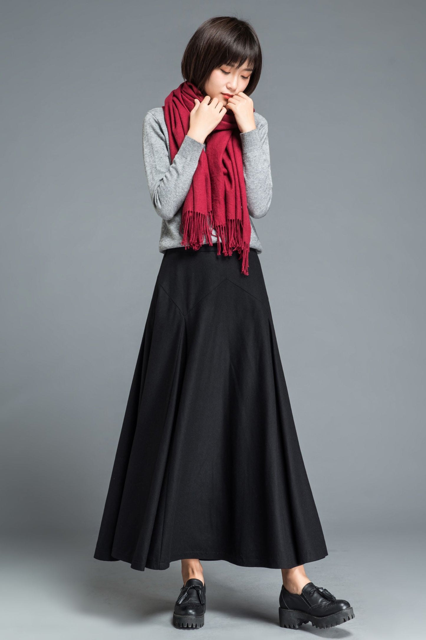 Maxi black winter long wool skirt women C1209