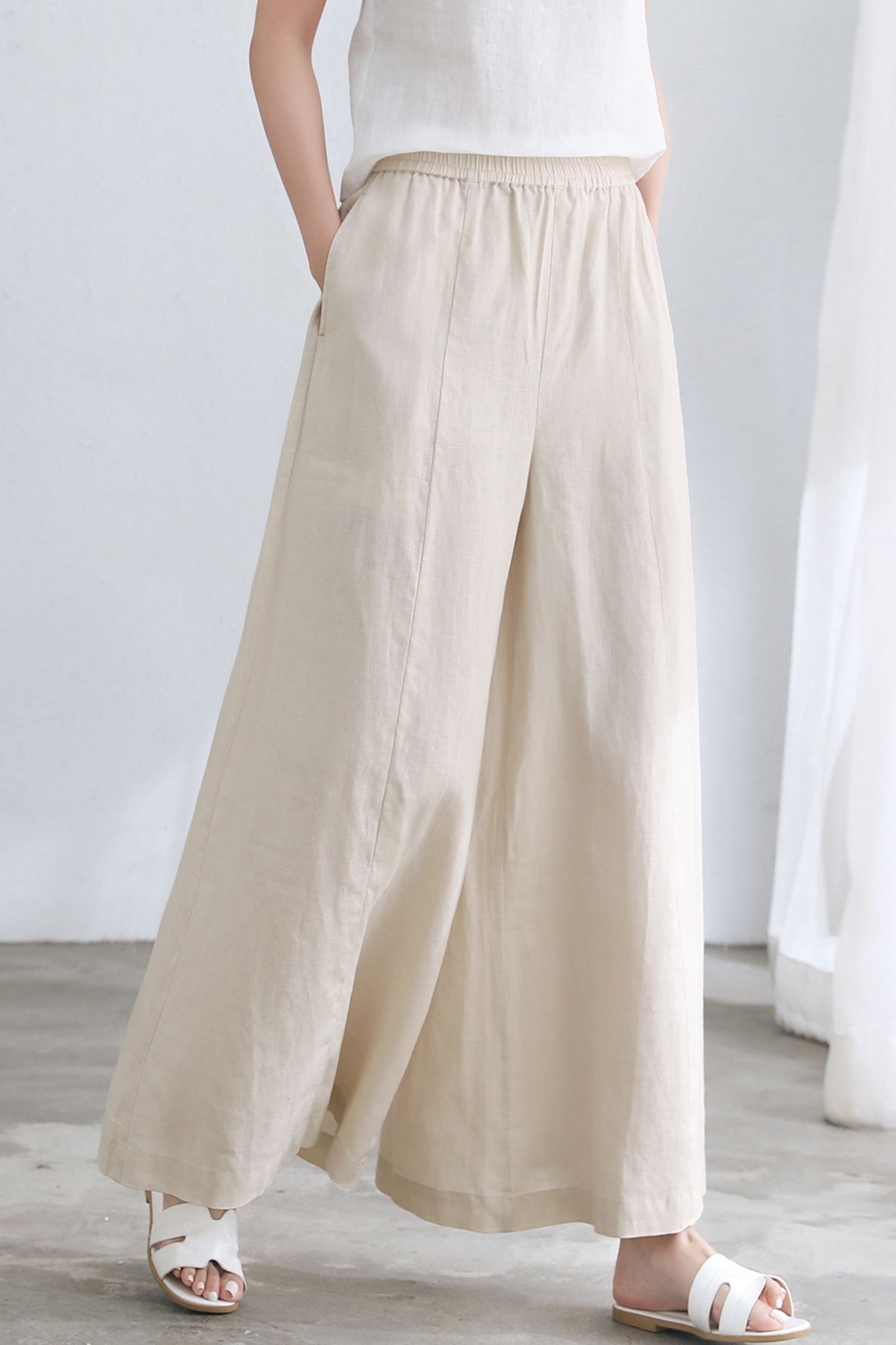 Beige Linen palazzo pants for Women C2660