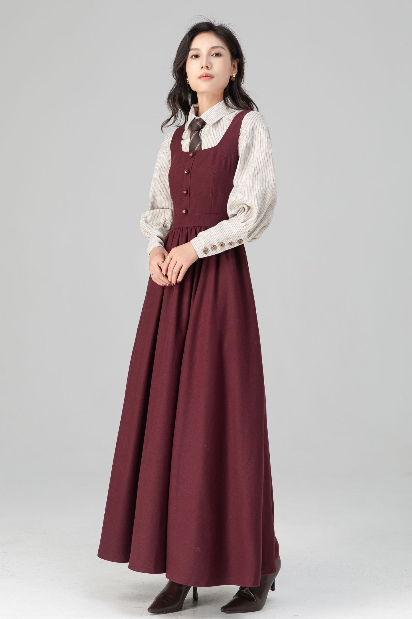 Dark Red Women's Pinafore Wool Dress C5205