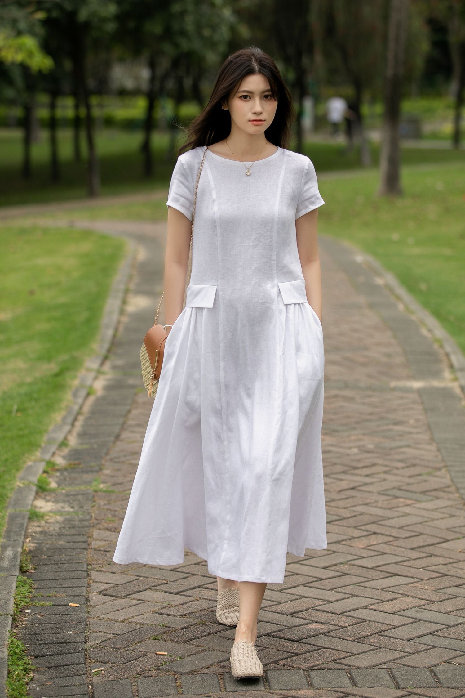 White Linen Midi Casual dress womens C4014 White / XS White Linen Midi Casual dress womens C4014 White / XS