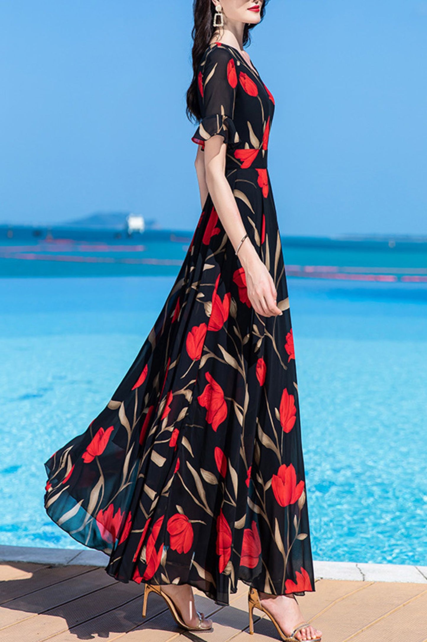Floor-length summer new French long chiffon dress women C4031