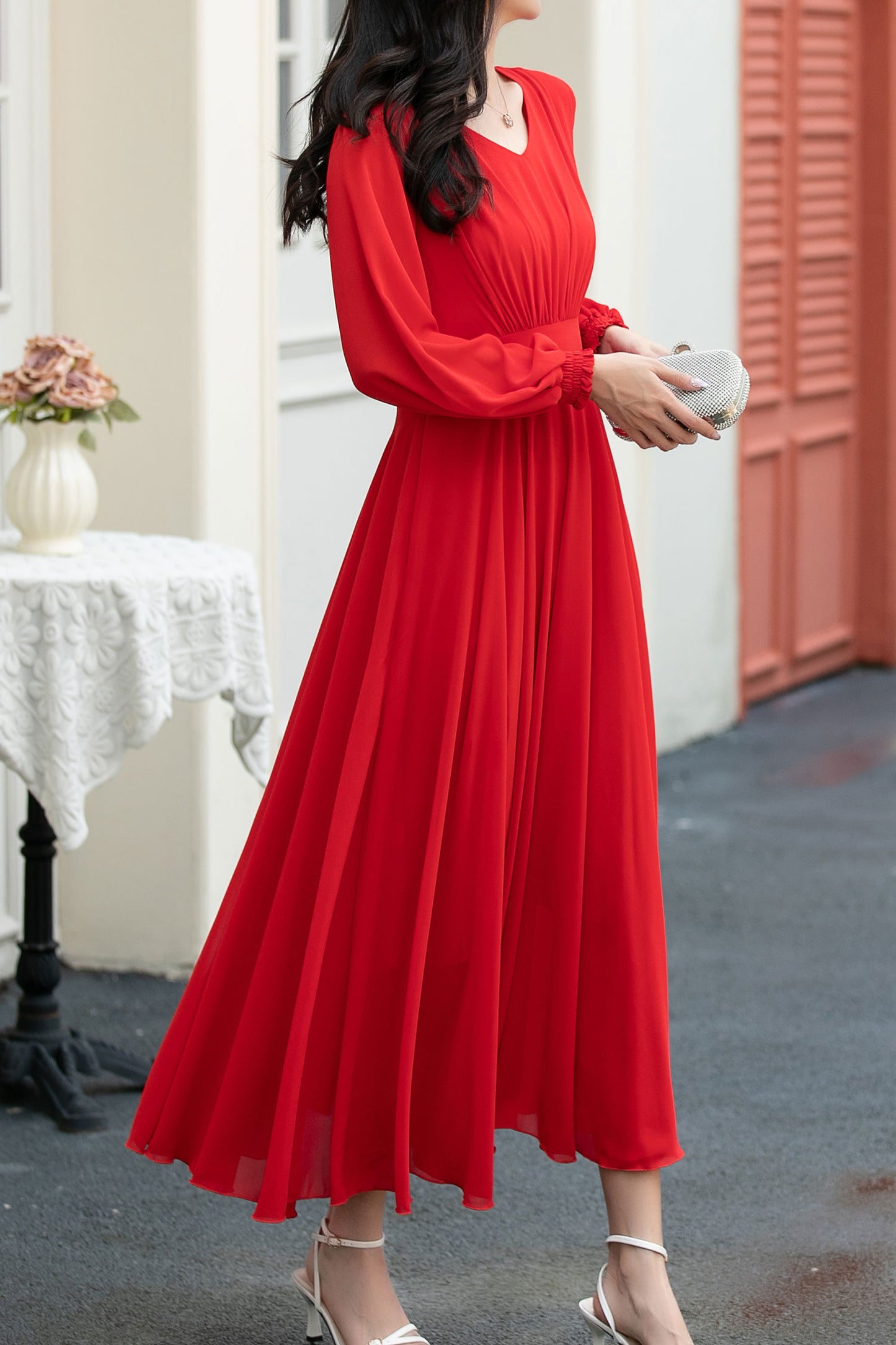 red fit and flare long chiffon dress C5039