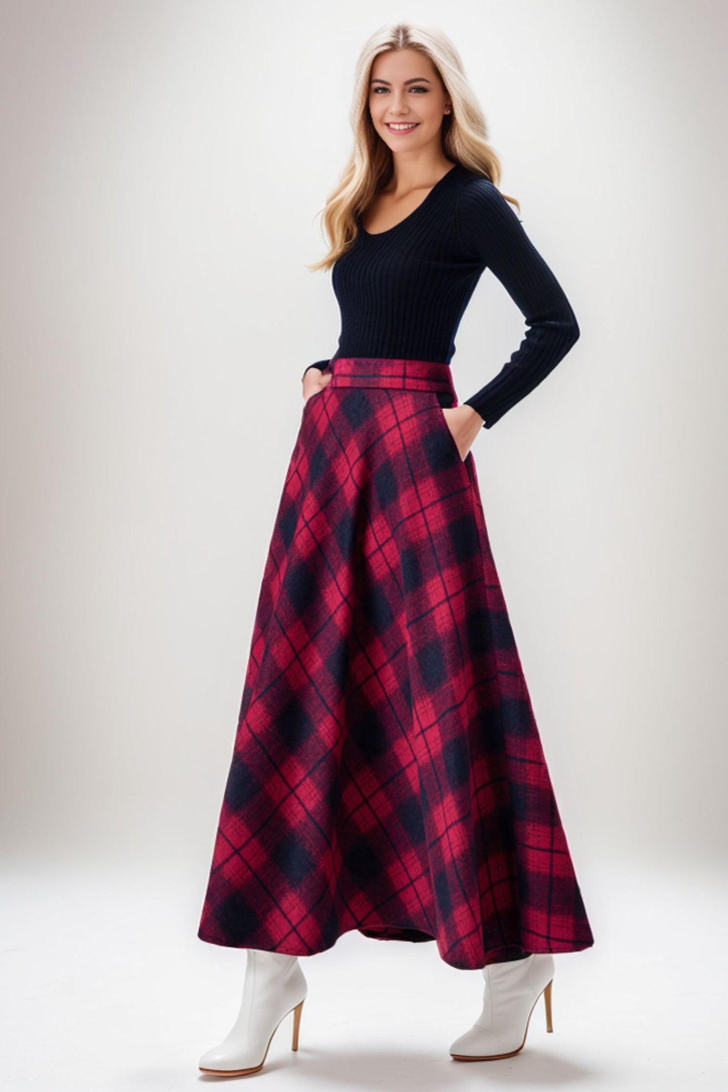 Plaid Wool Maxi High Waisted Skirt with Pockets C4267