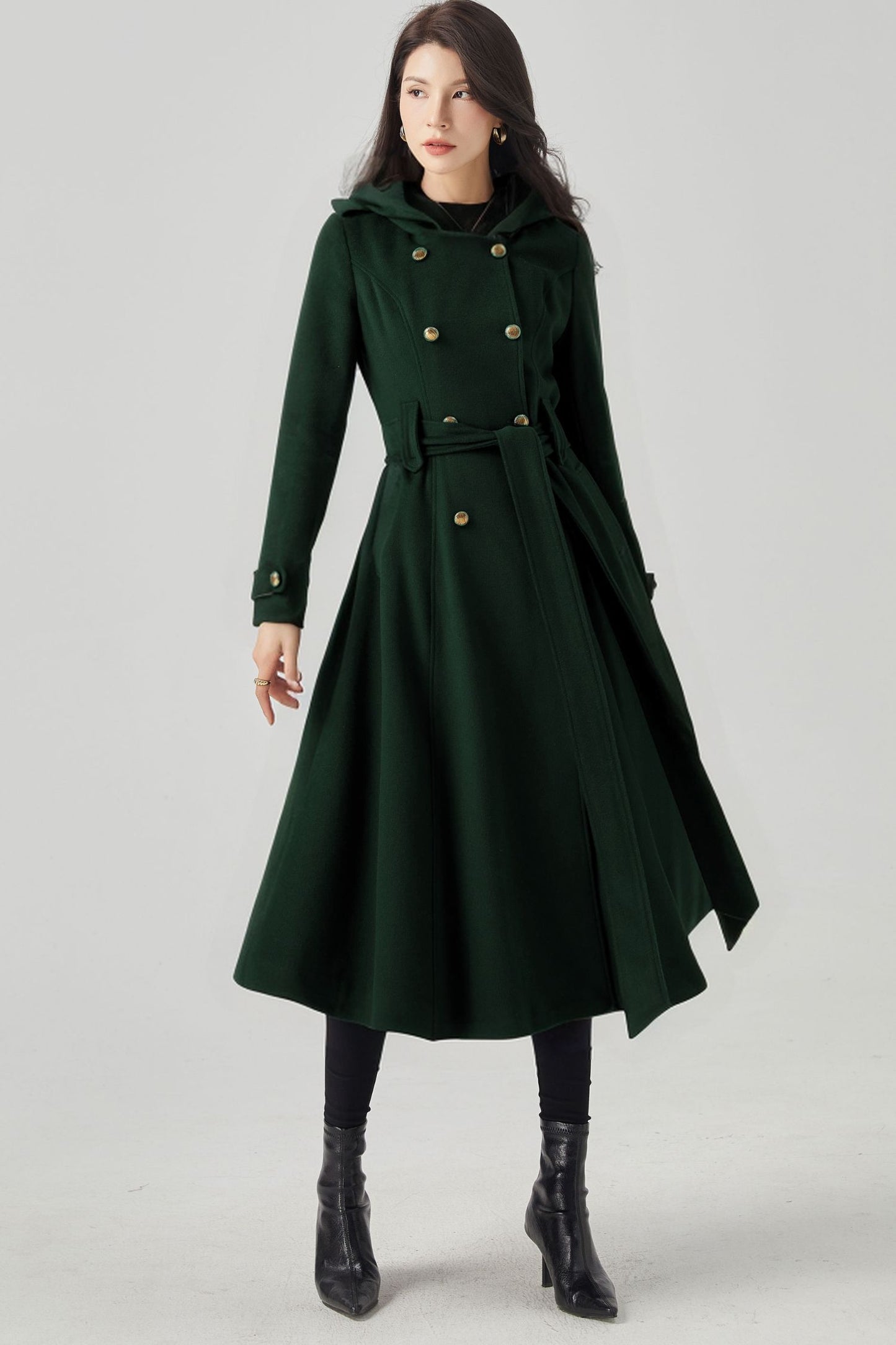 Double Breasted Hooded Wool Coat C3569