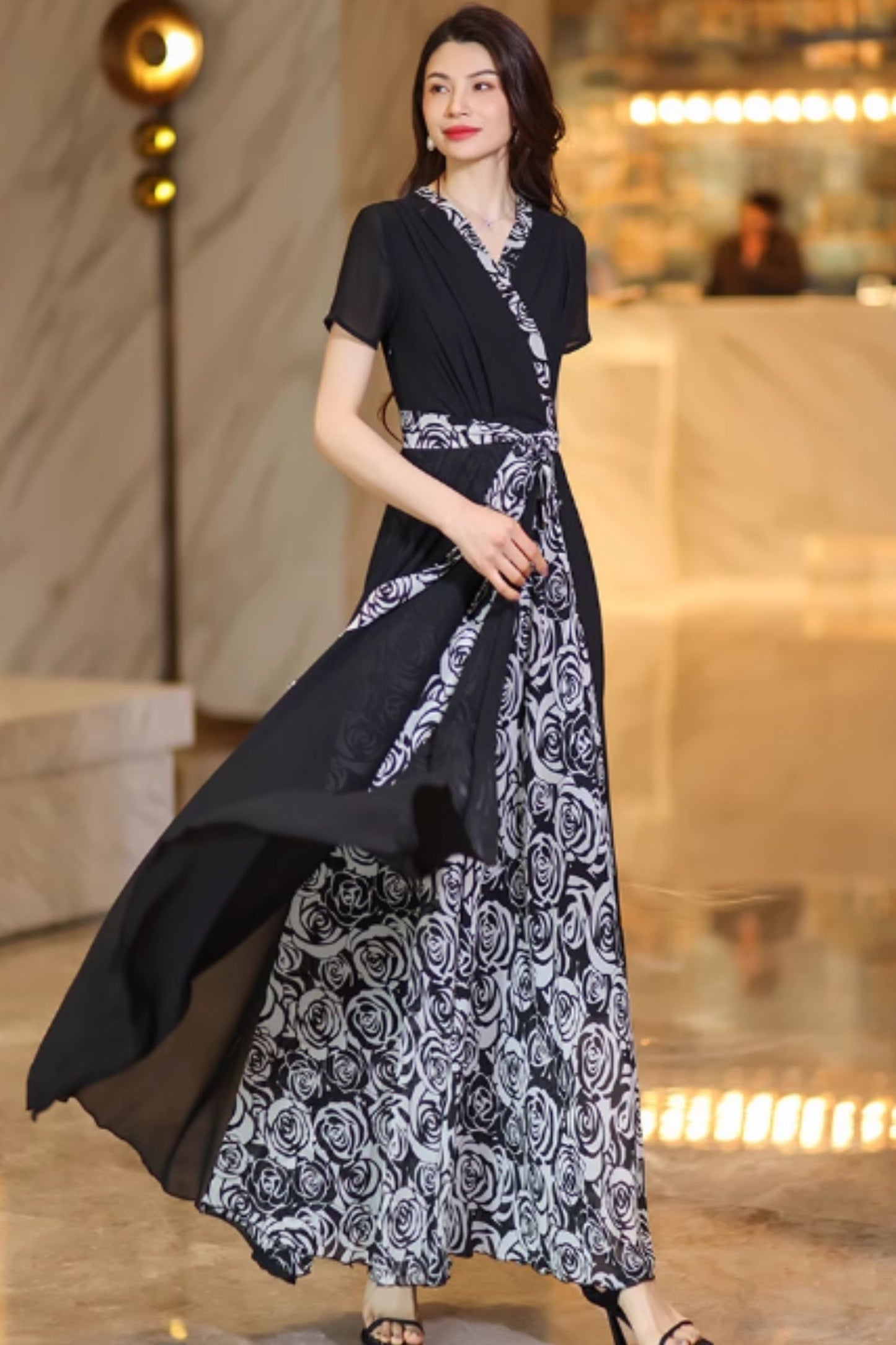 Swing block color maxi chiffon dress C4928