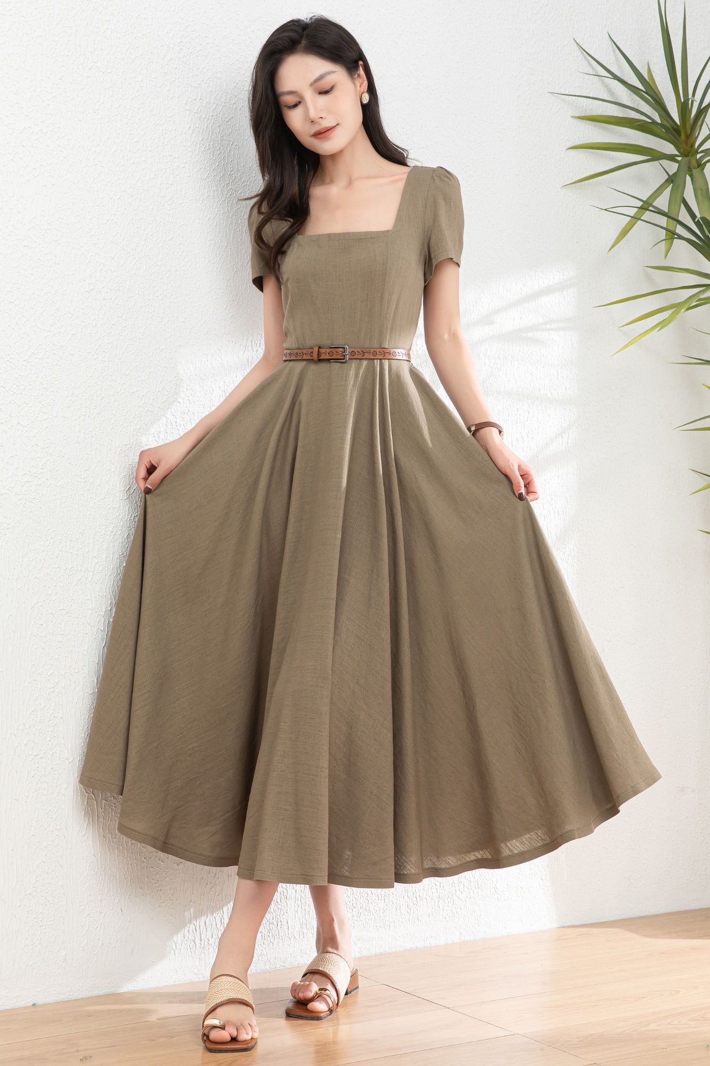 Womens Summer Green Linen Dress c4985