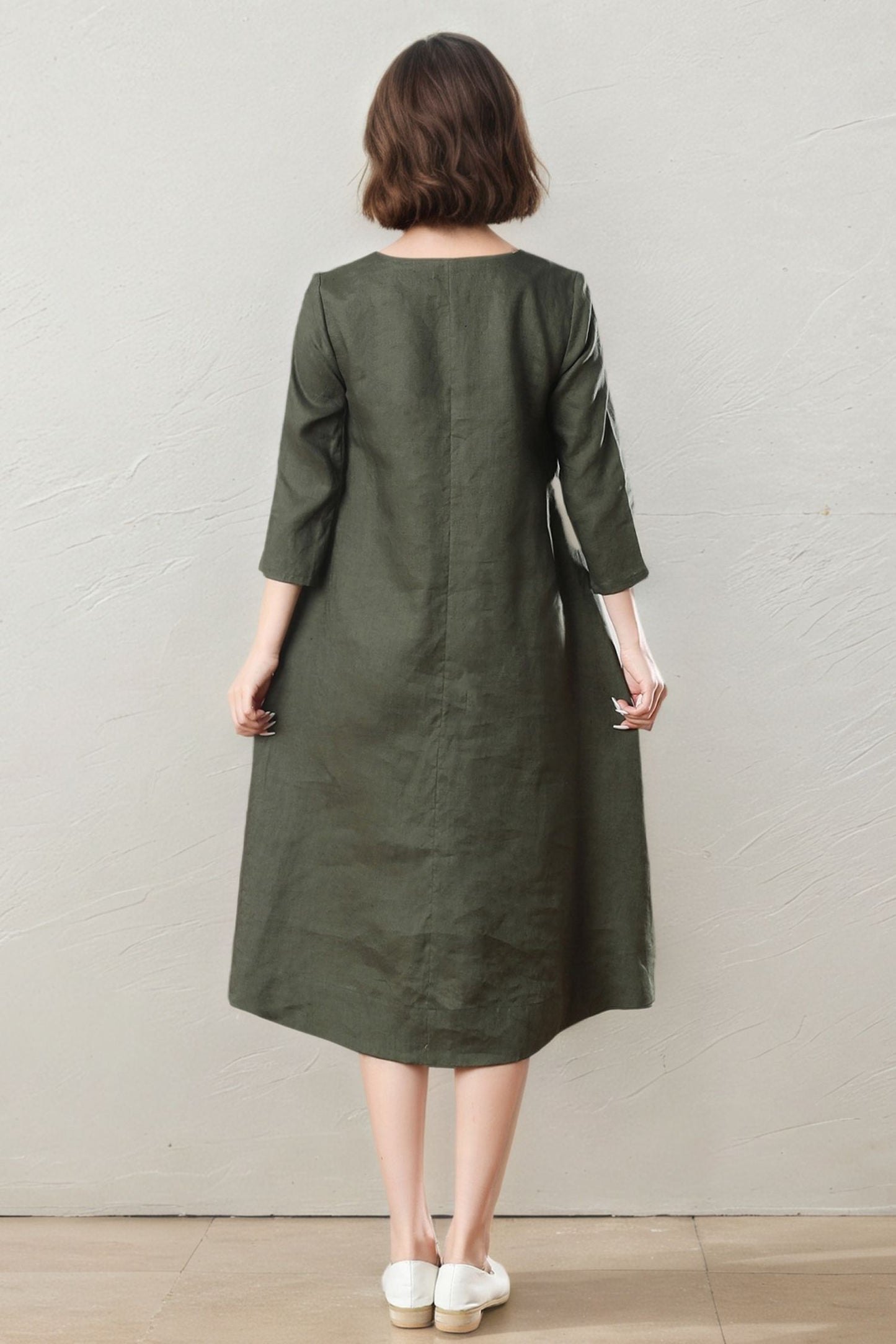 Army Green Midi Linen Dress C5400