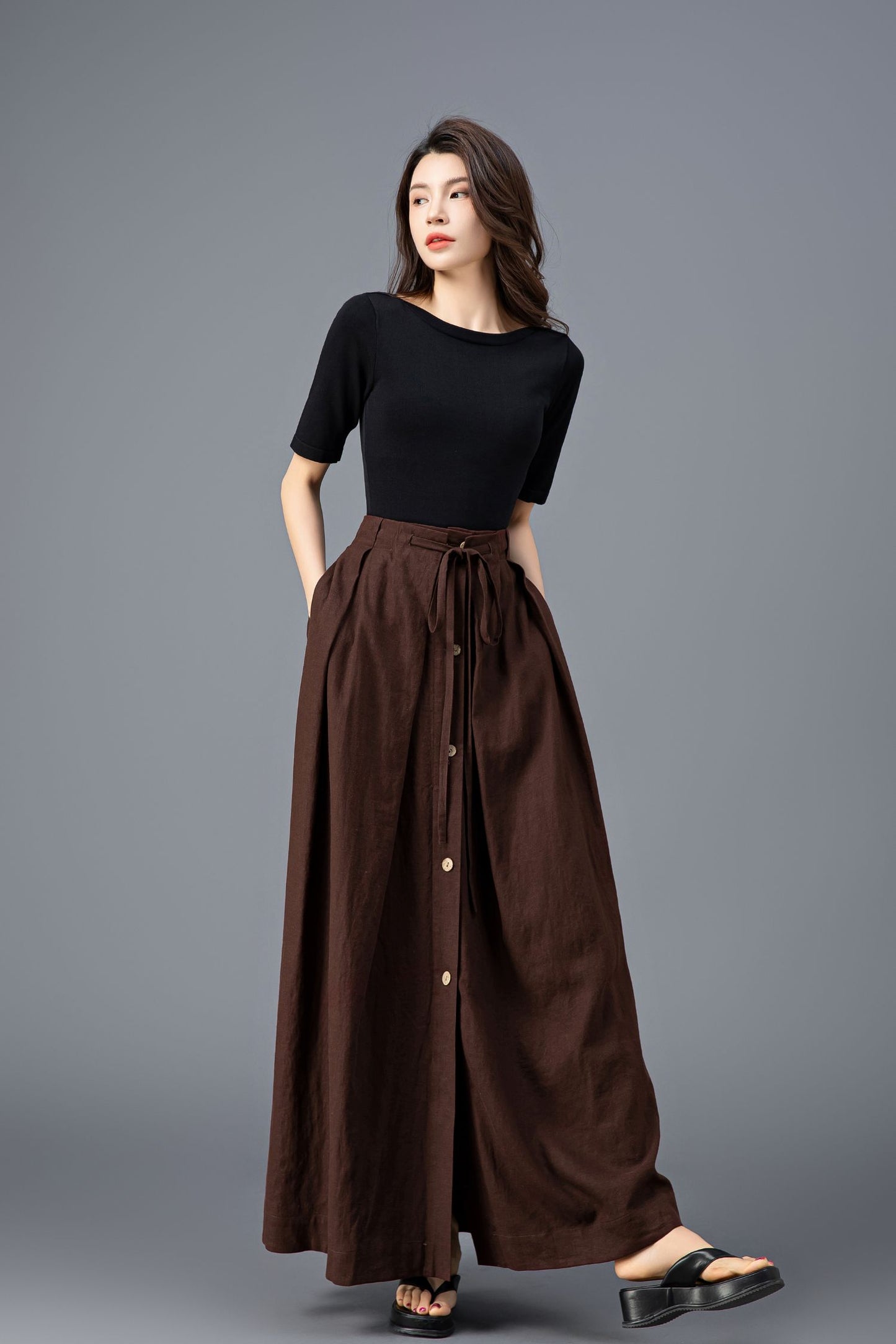 Bohemian Brown Linen Maxi Skirt C3920