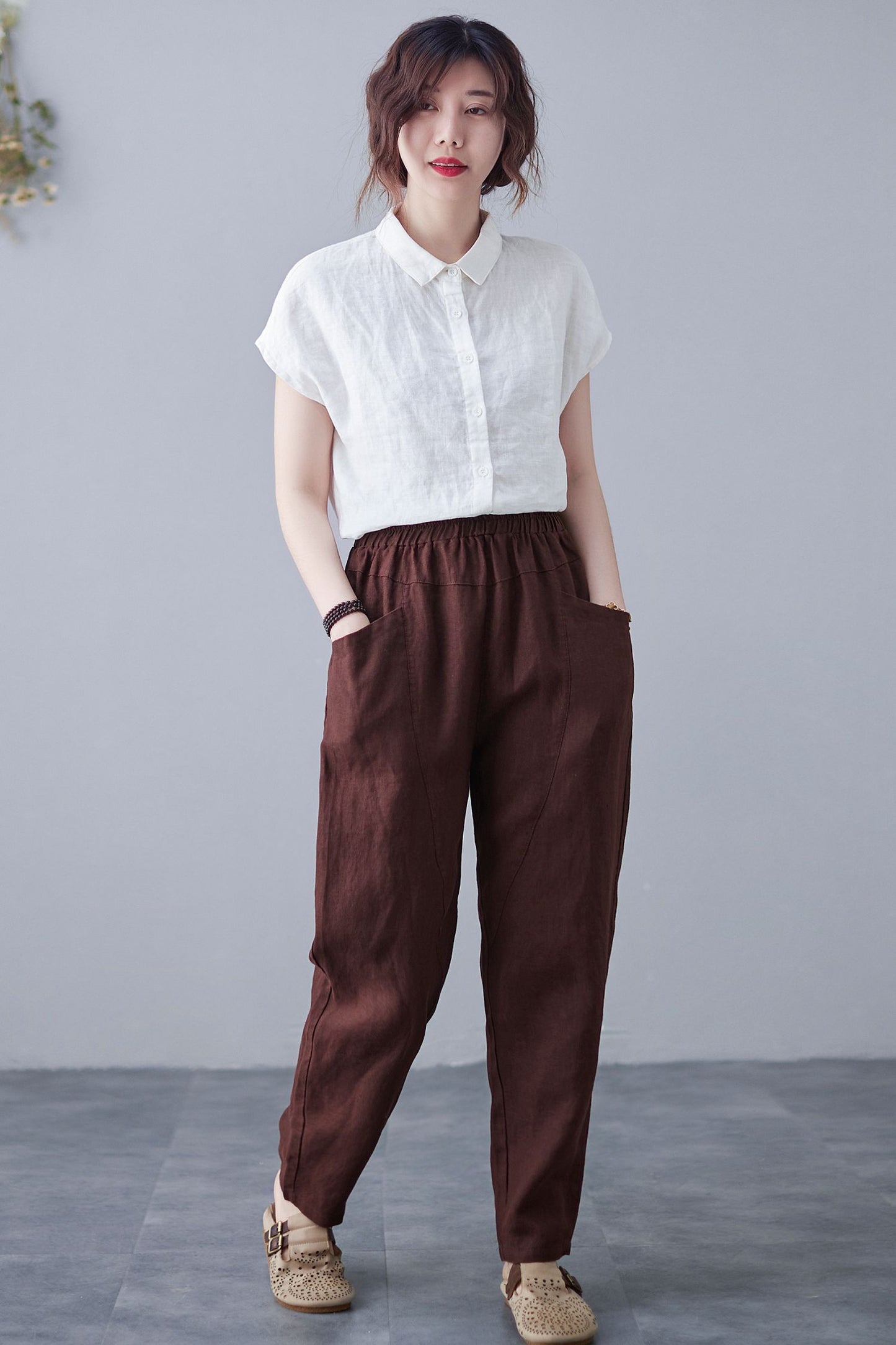 Brown Casual Cropped Linen Pants C2124
