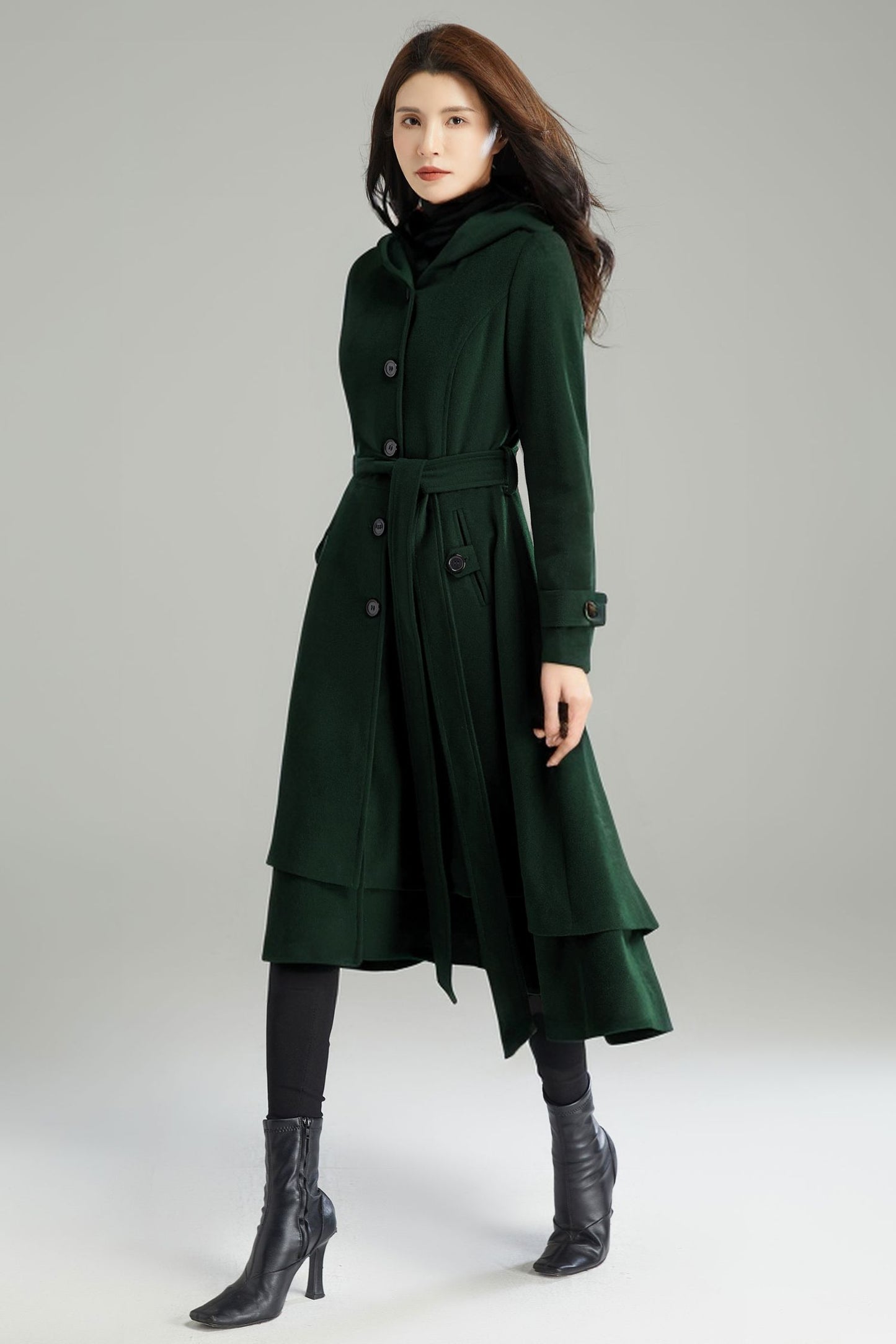 Winter Asymmetrical Green Hooded Wool Coat C4405