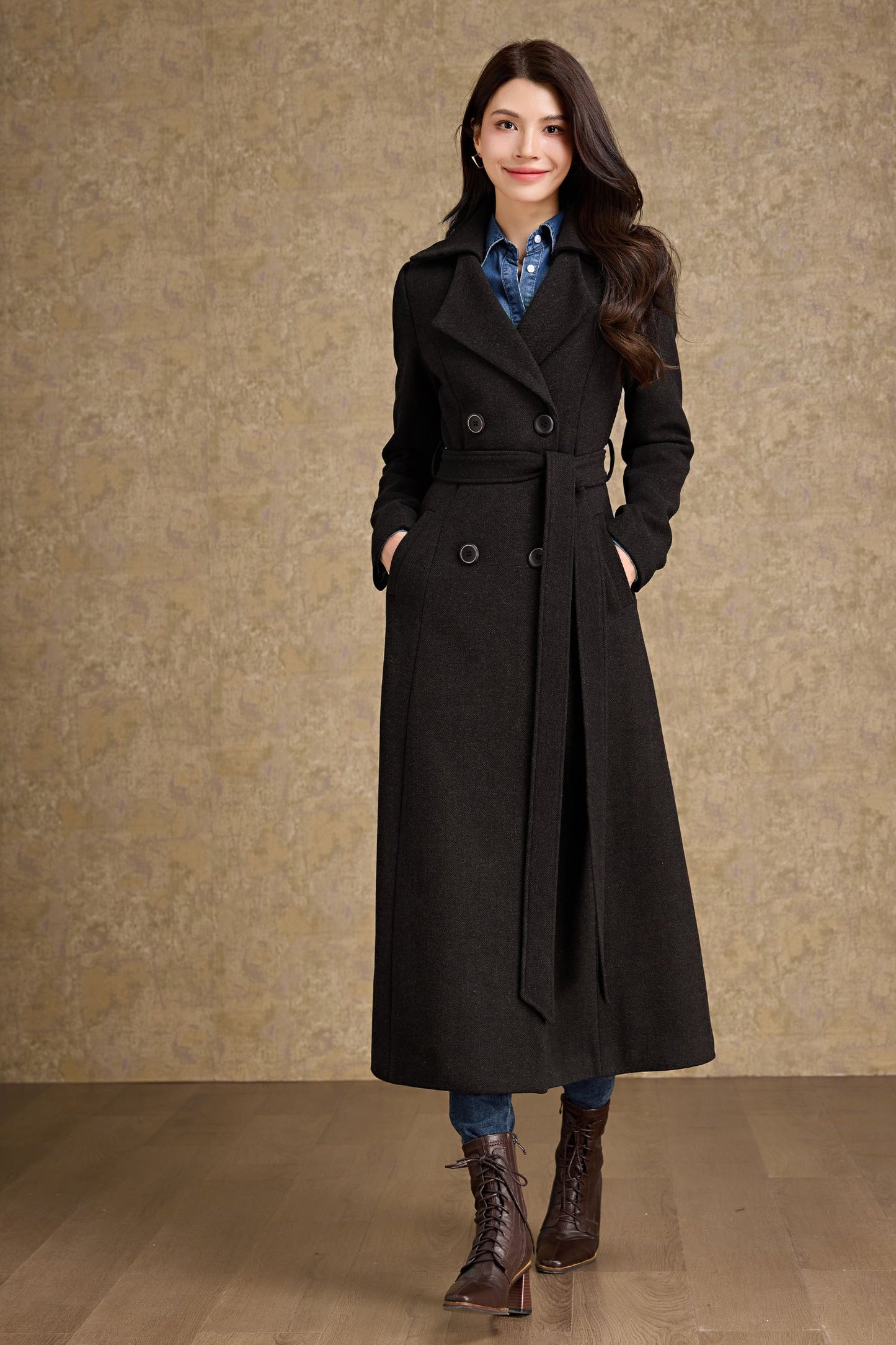Winter warm brown Long Wool Coat C4479