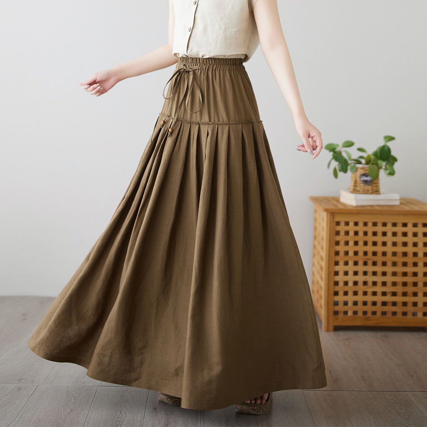 Brown Flowy Pleated A-line Skirt c4892