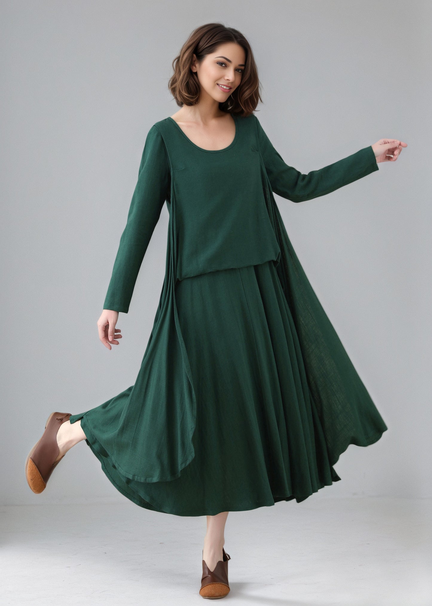 Green Asymmetrical Linen dress C5158