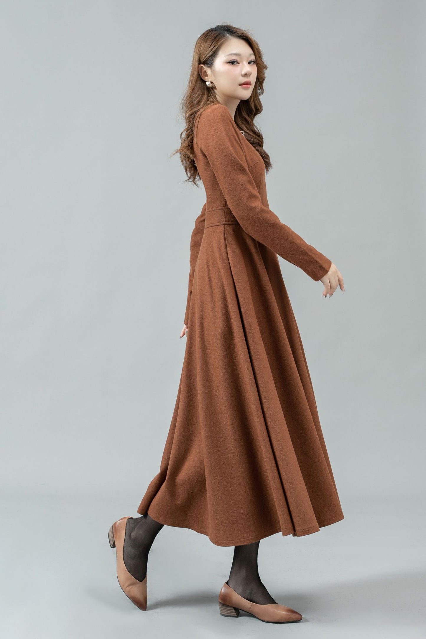 Fit and flare long winter wool dress C4447