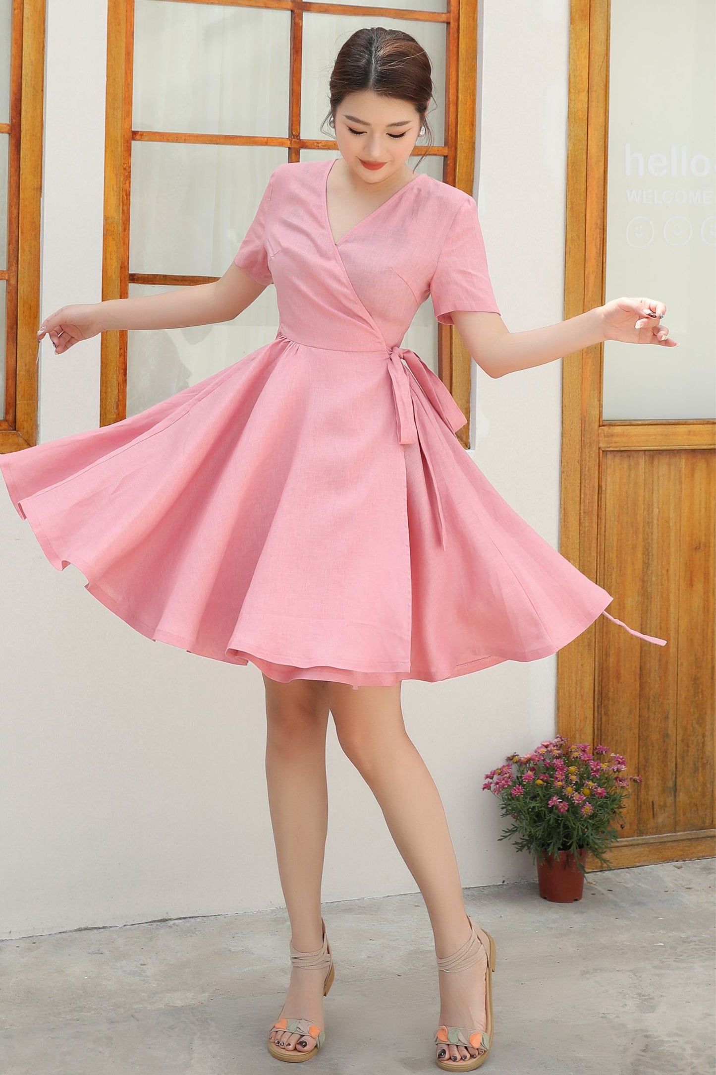 Pink Wrap summer Linen dress c4837