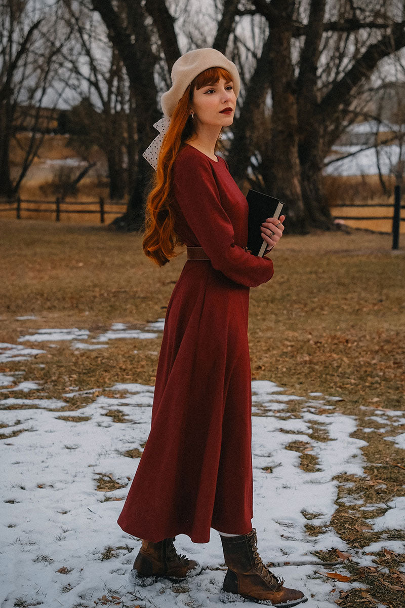 Burgundy midi swing wool Dress women C3810