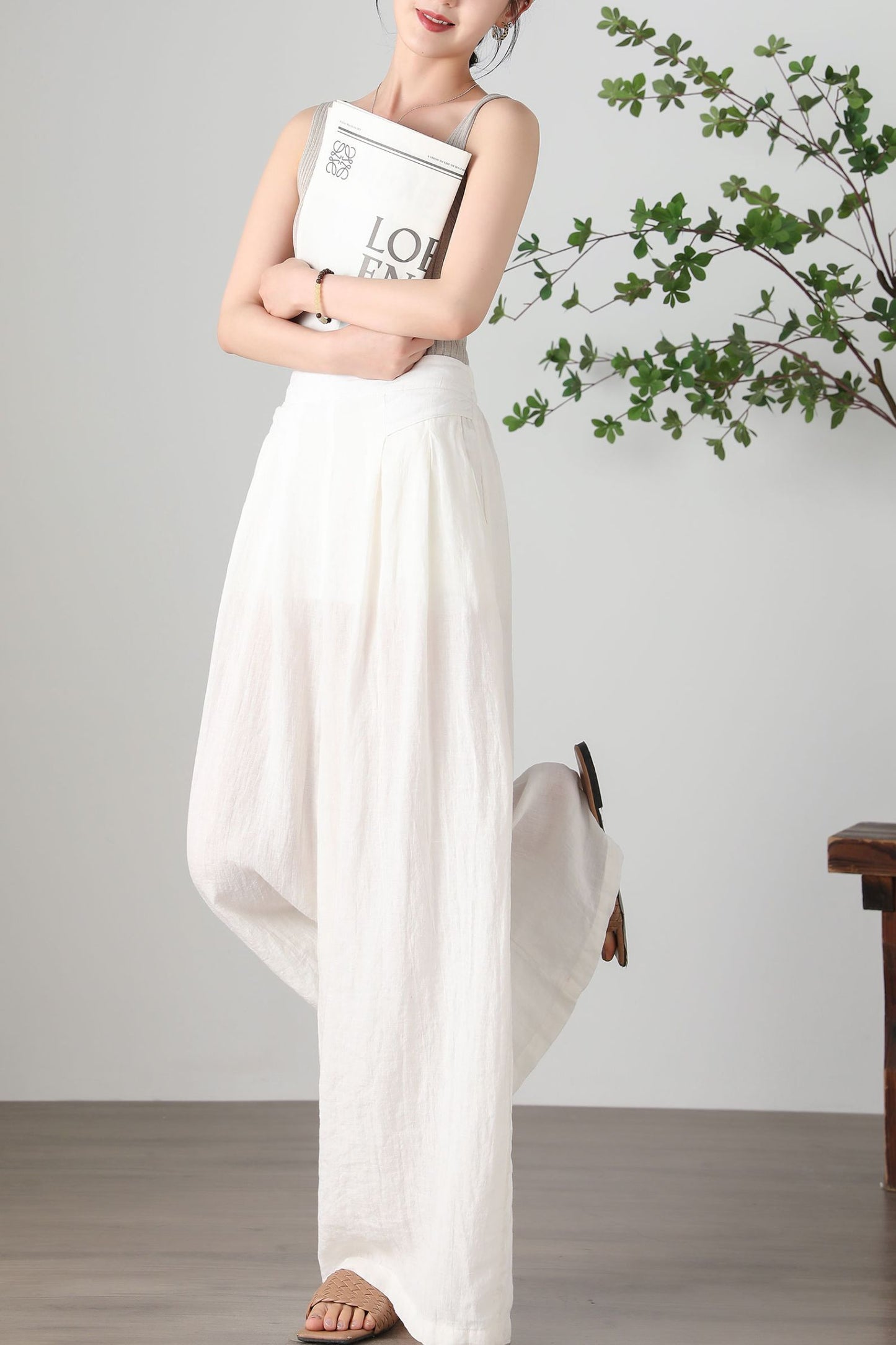 Women's Plus Size White Linen Pants C3257