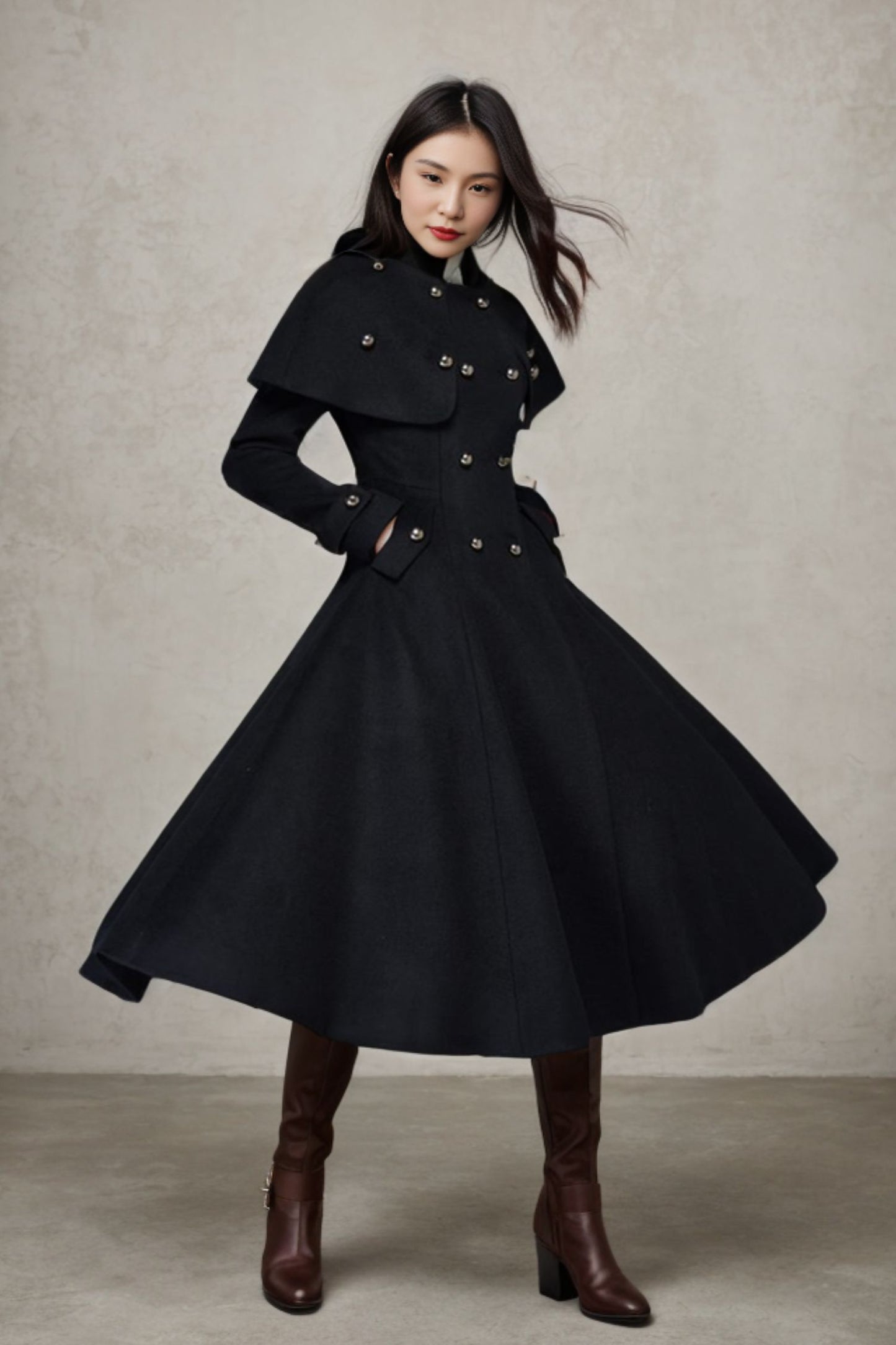 Women's Black Capelet Wool Coat C957