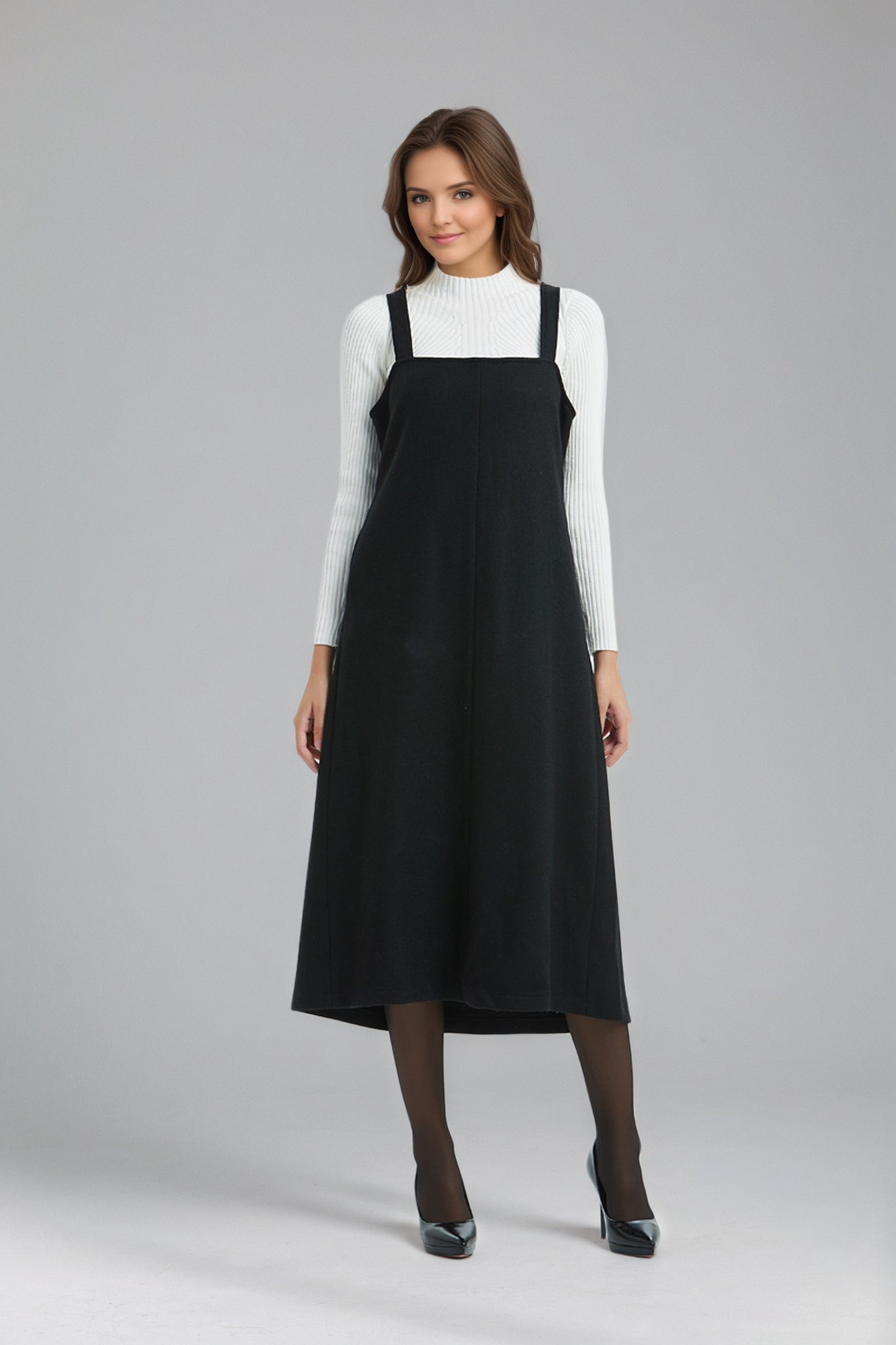 Long Sleeveless Black Wool Pinafore Dress C5141