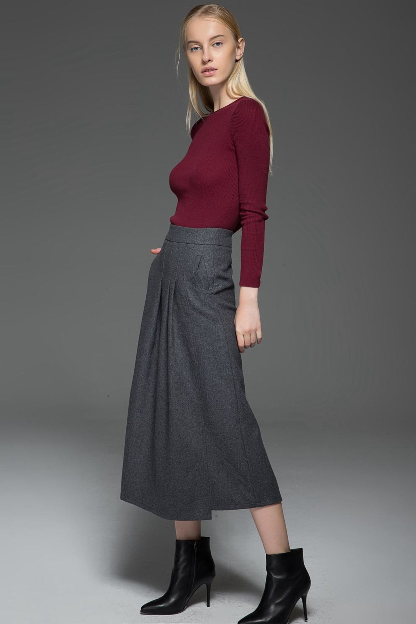 Pleated gray a line winter wool skirt C770