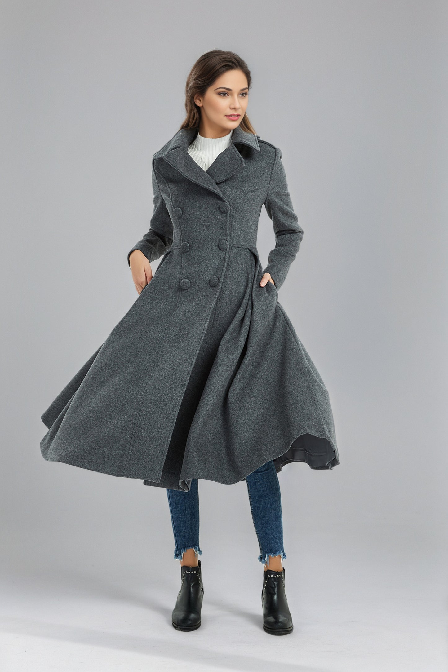 Double breasted long winter gray wool coat C5134