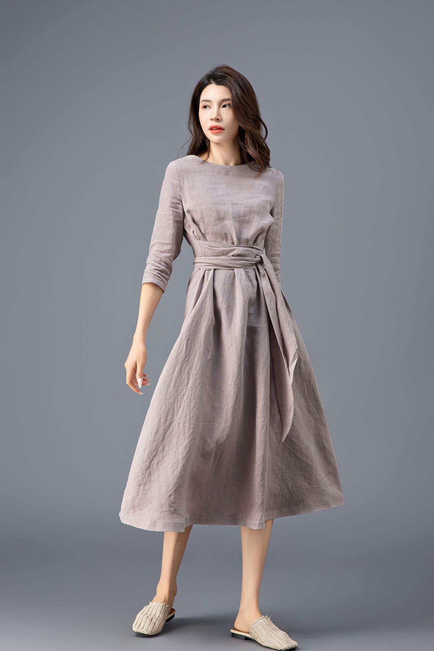 Women's Grey Linen belted Dress C3915