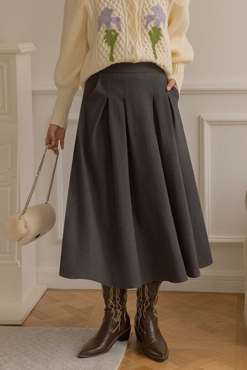 Pleated gray midi wool winter skirt C3525